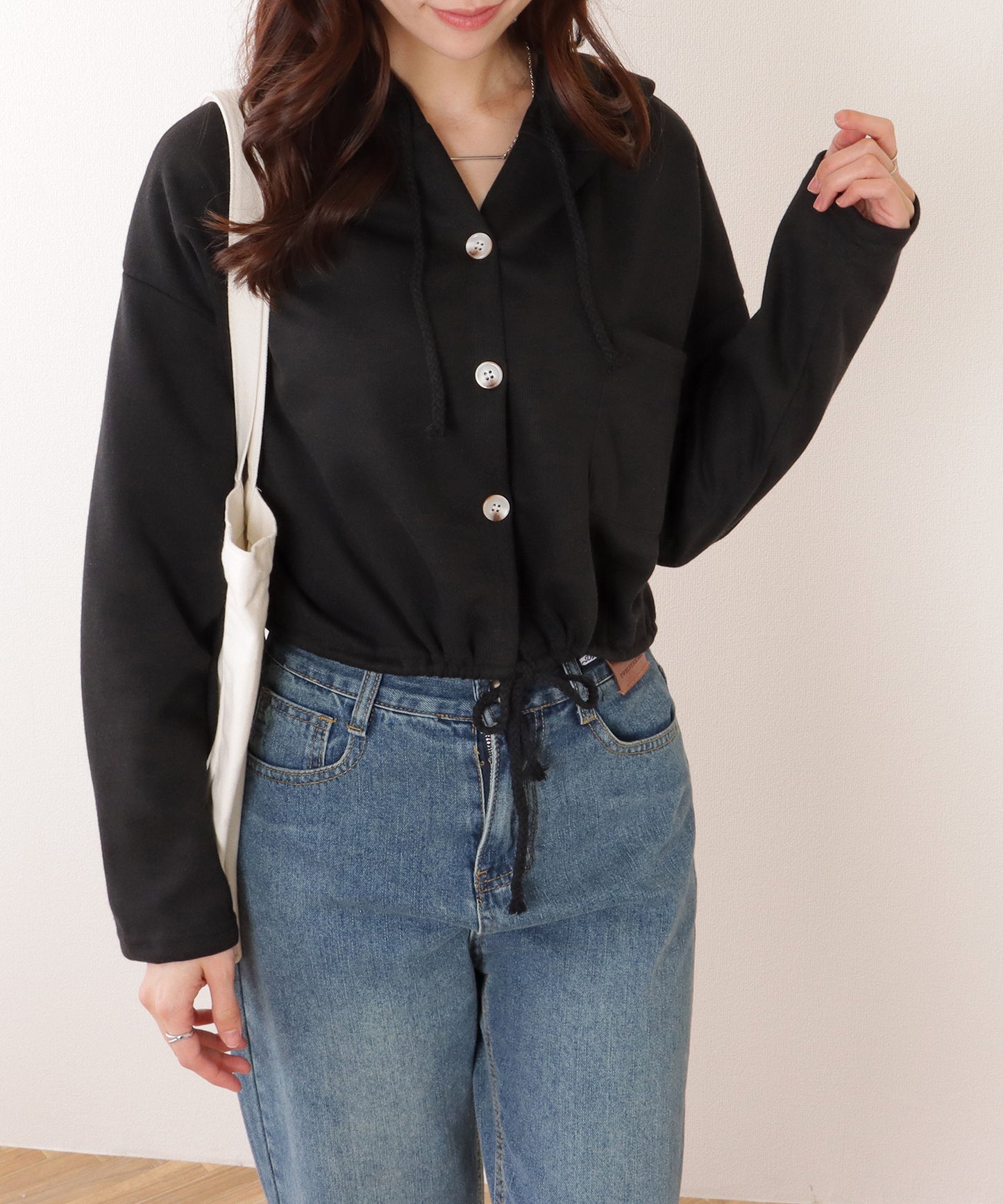 ドロスト付き フロントボタン コンパクト フーデット パーカー