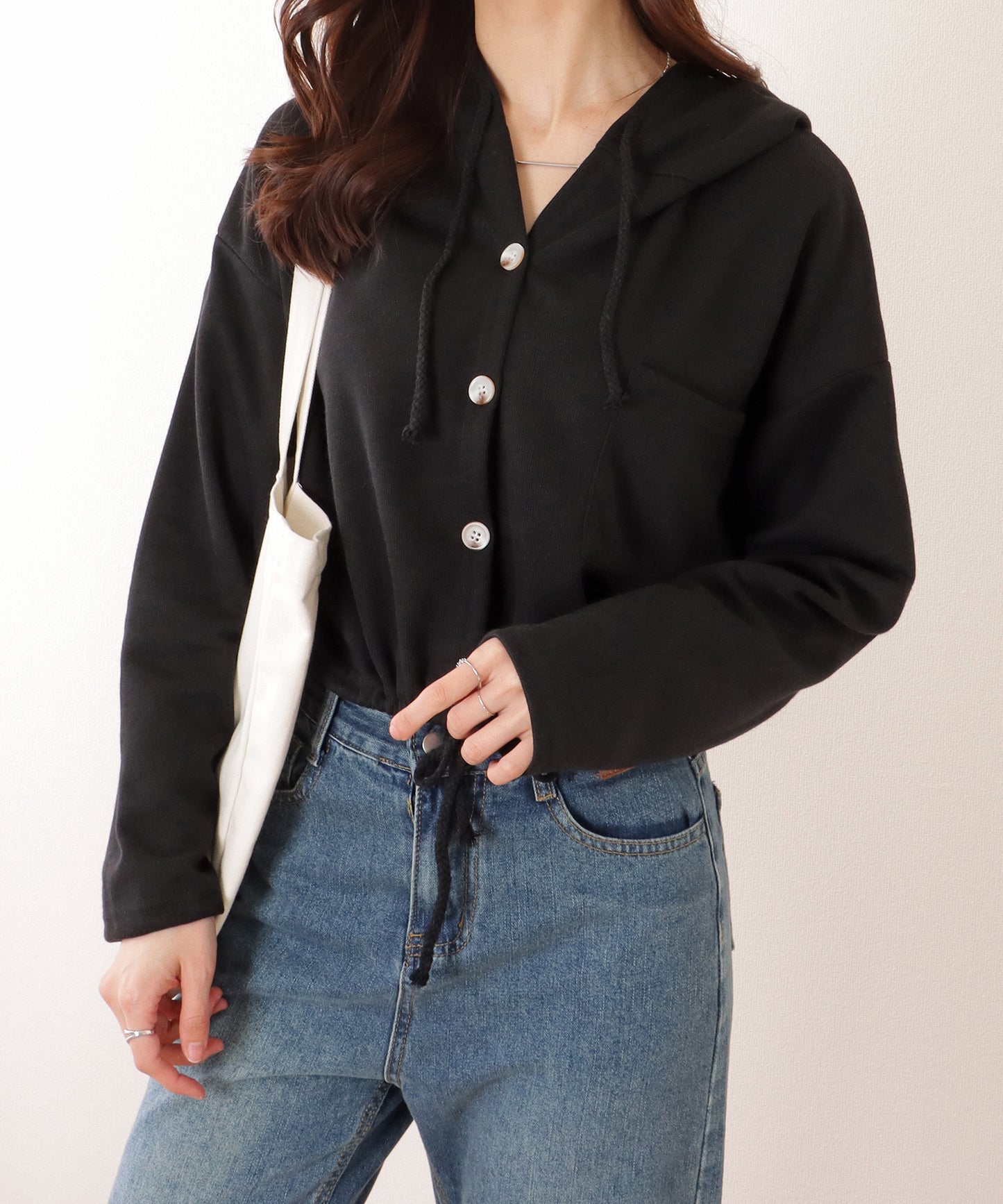 ドロスト付き フロントボタン コンパクト フーデット パーカー