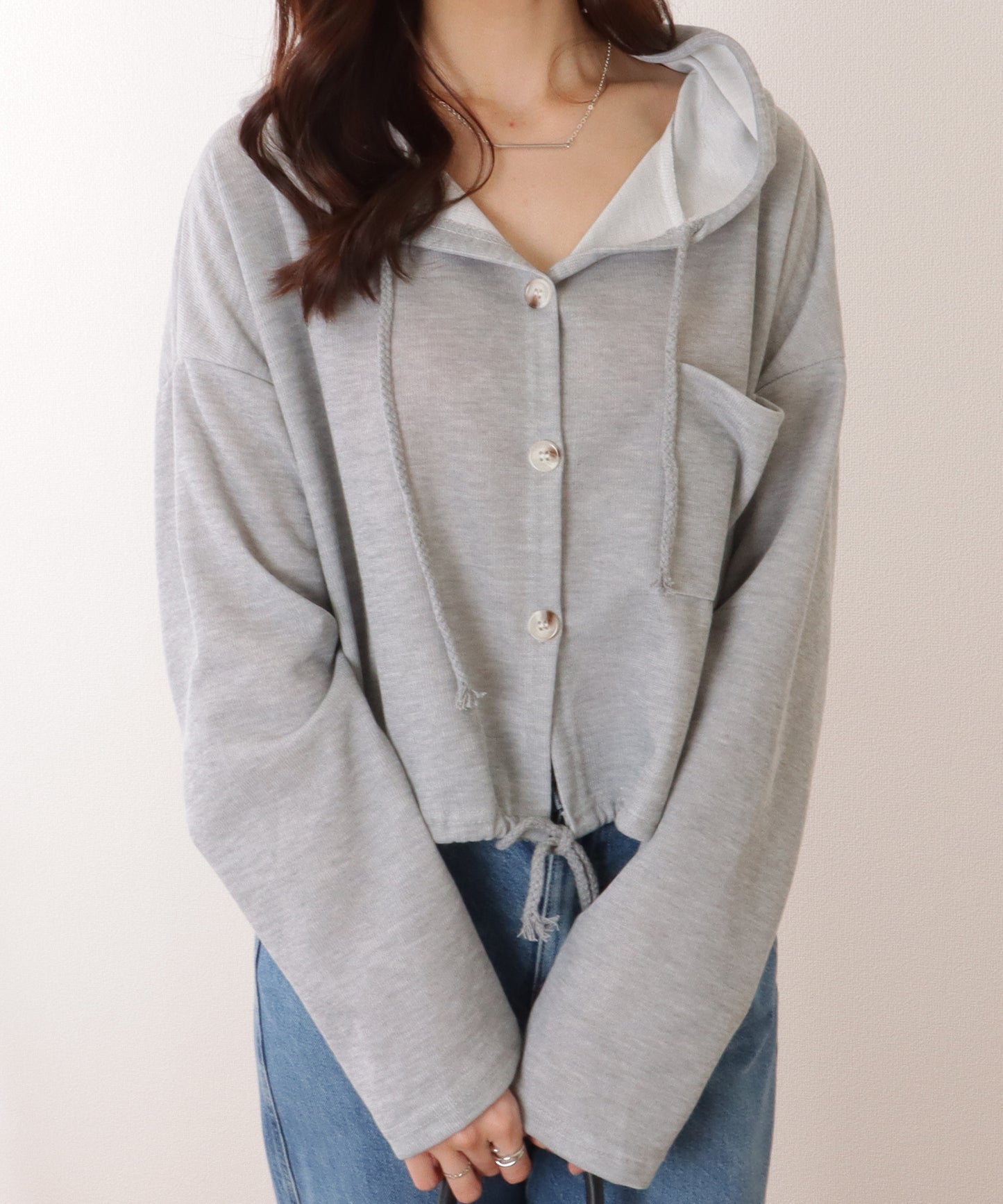 ドロスト付き フロントボタン コンパクト フーデット パーカー