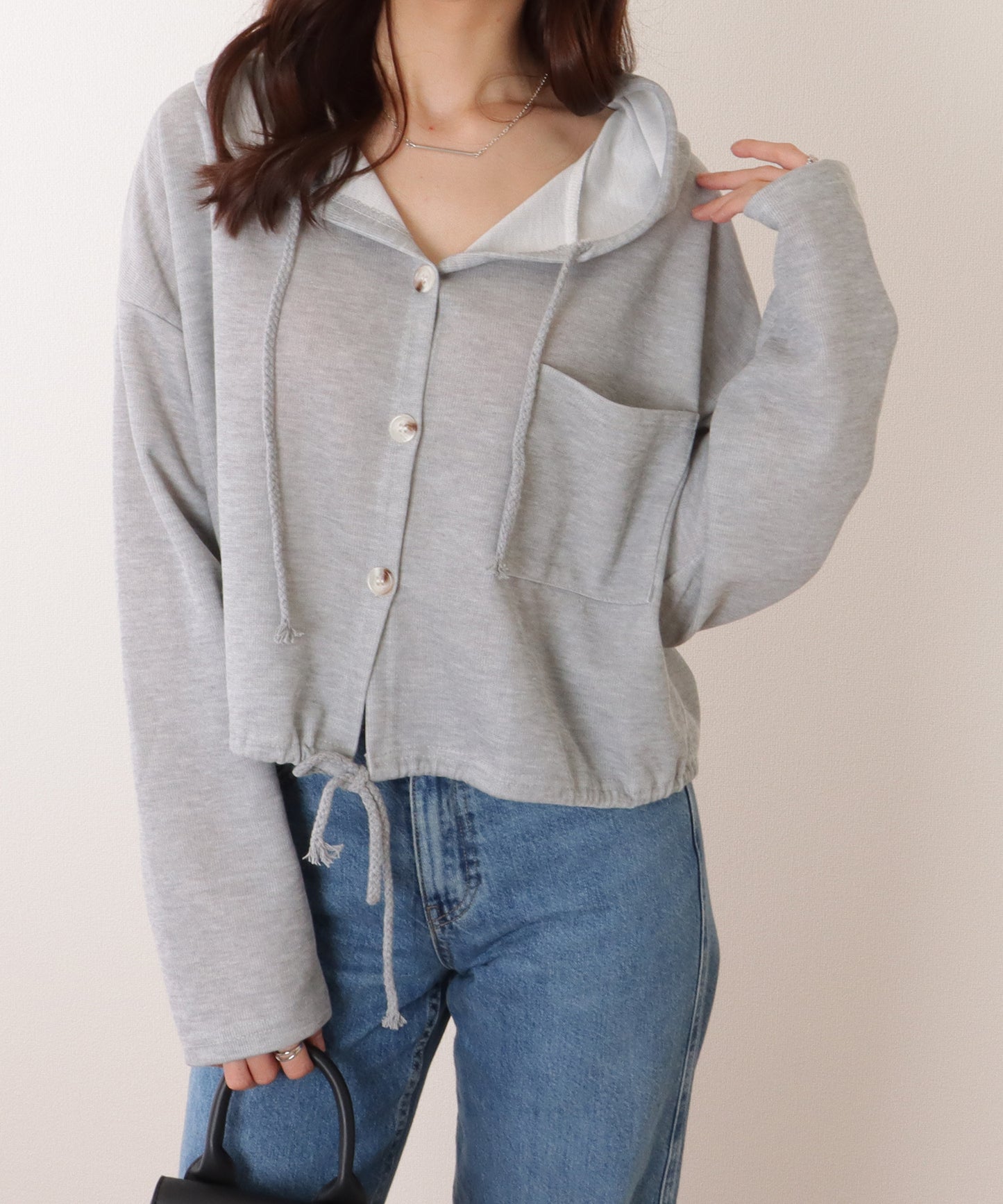 ドロスト付き フロントボタン コンパクト フーデット パーカー