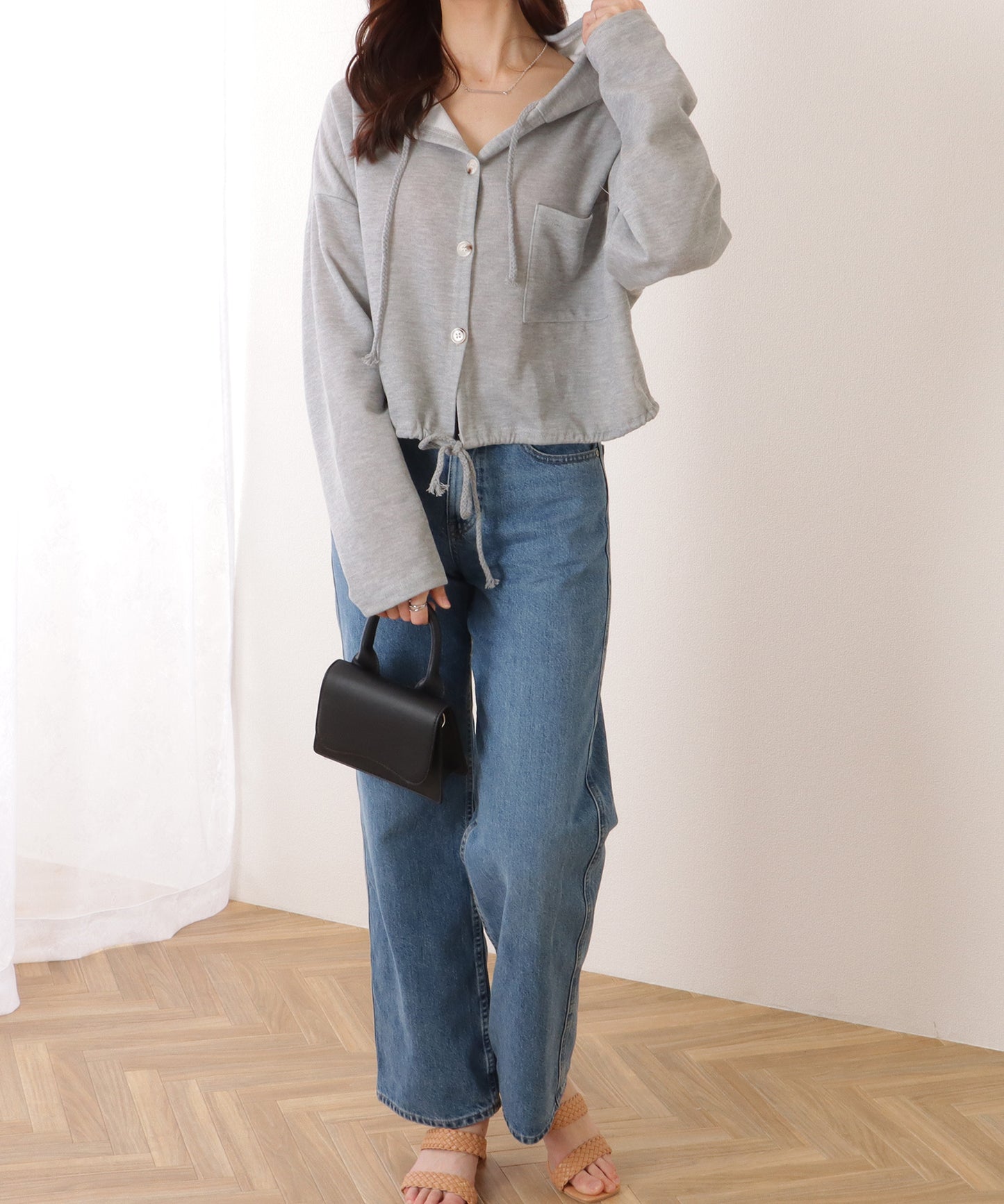 ドロスト付き フロントボタン コンパクト フーデット パーカー