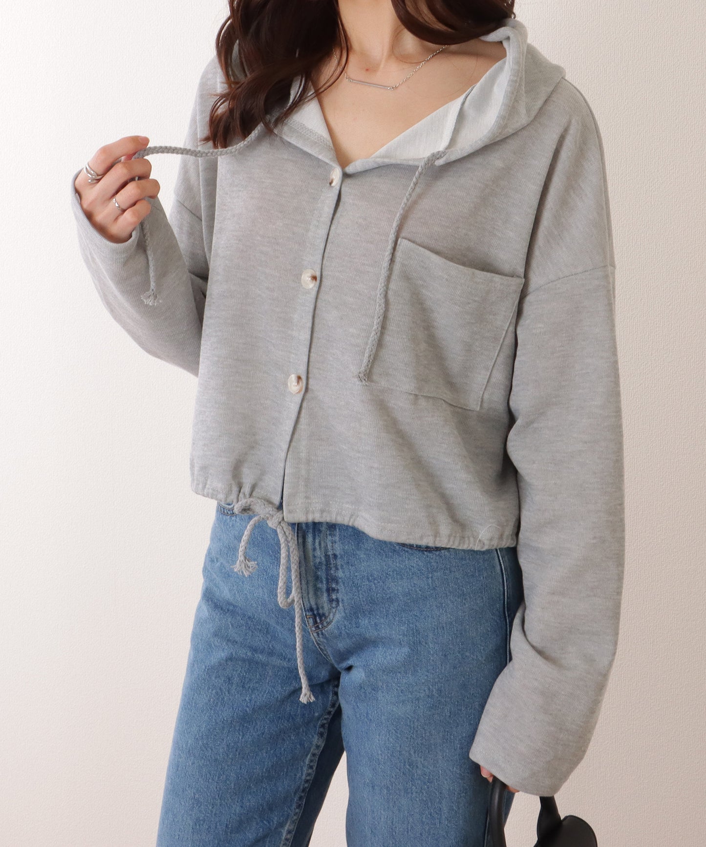 ドロスト付き フロントボタン コンパクト フーデット パーカー