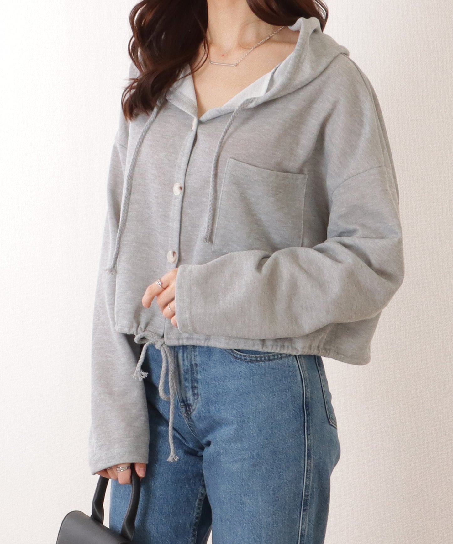 ドロスト付き フロントボタン コンパクト フーデット パーカー