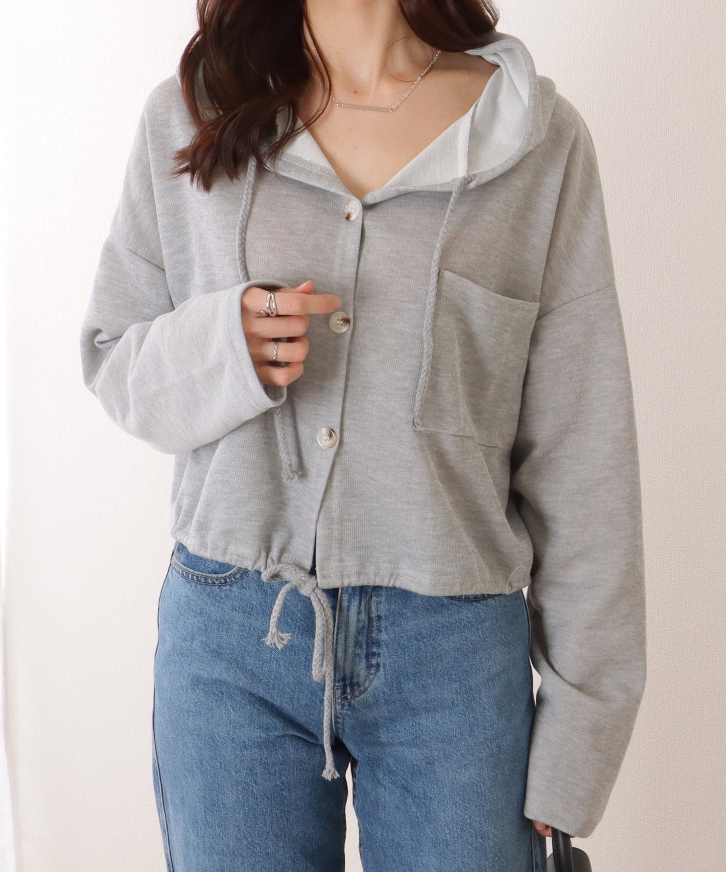 ドロスト付き フロントボタン コンパクト フーデット パーカー