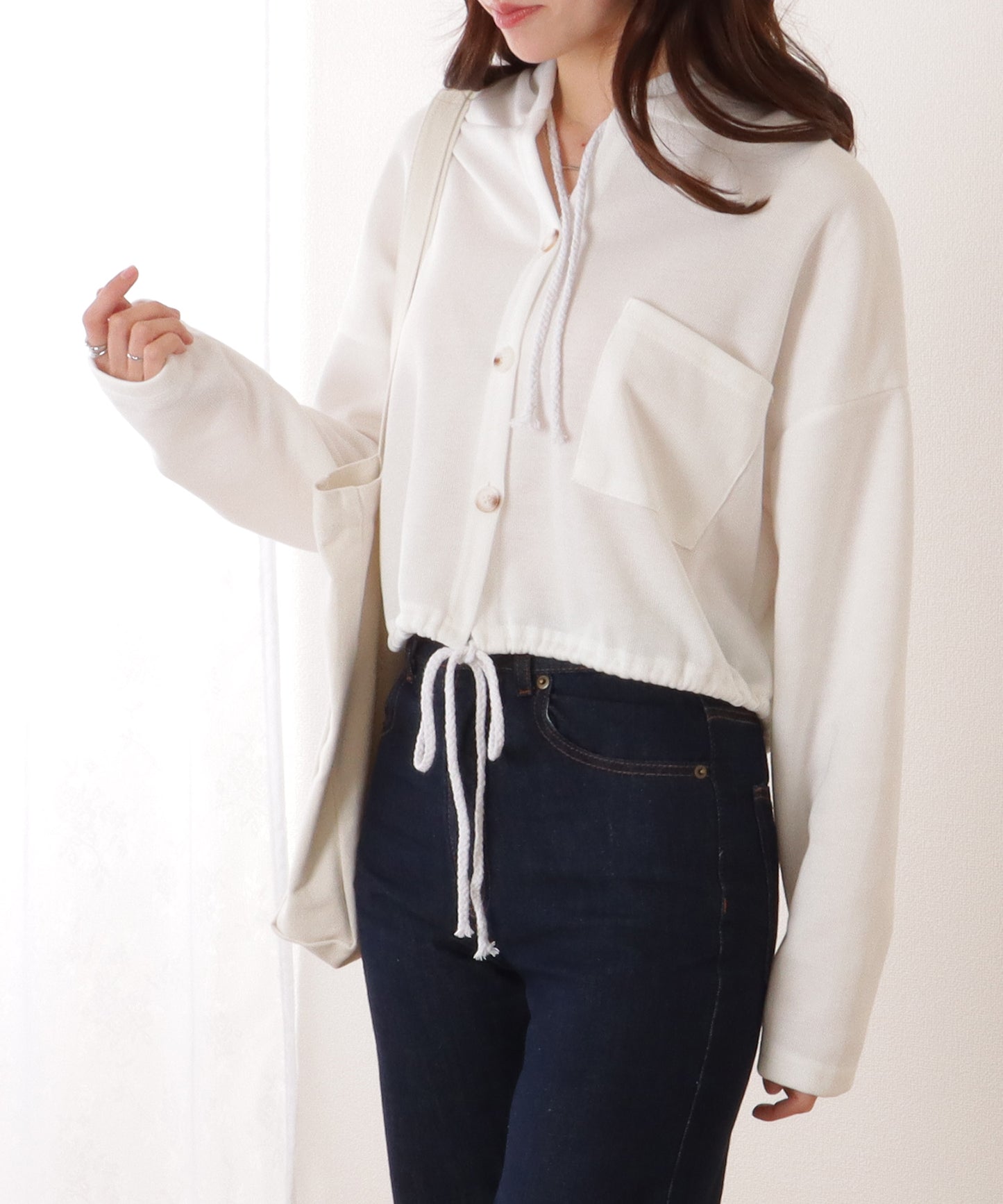 ドロスト付き フロントボタン コンパクト フーデット パーカー