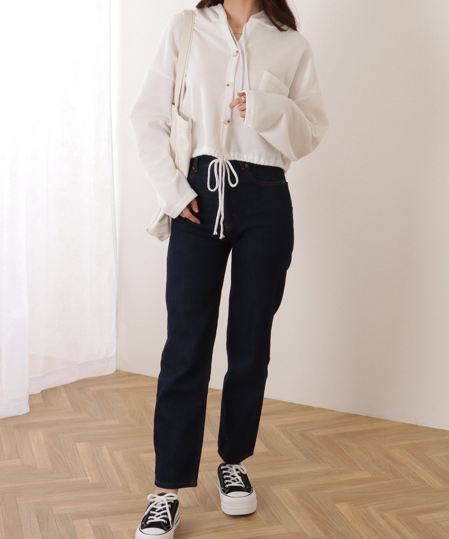 ドロスト付き フロントボタン コンパクト フーデット パーカー