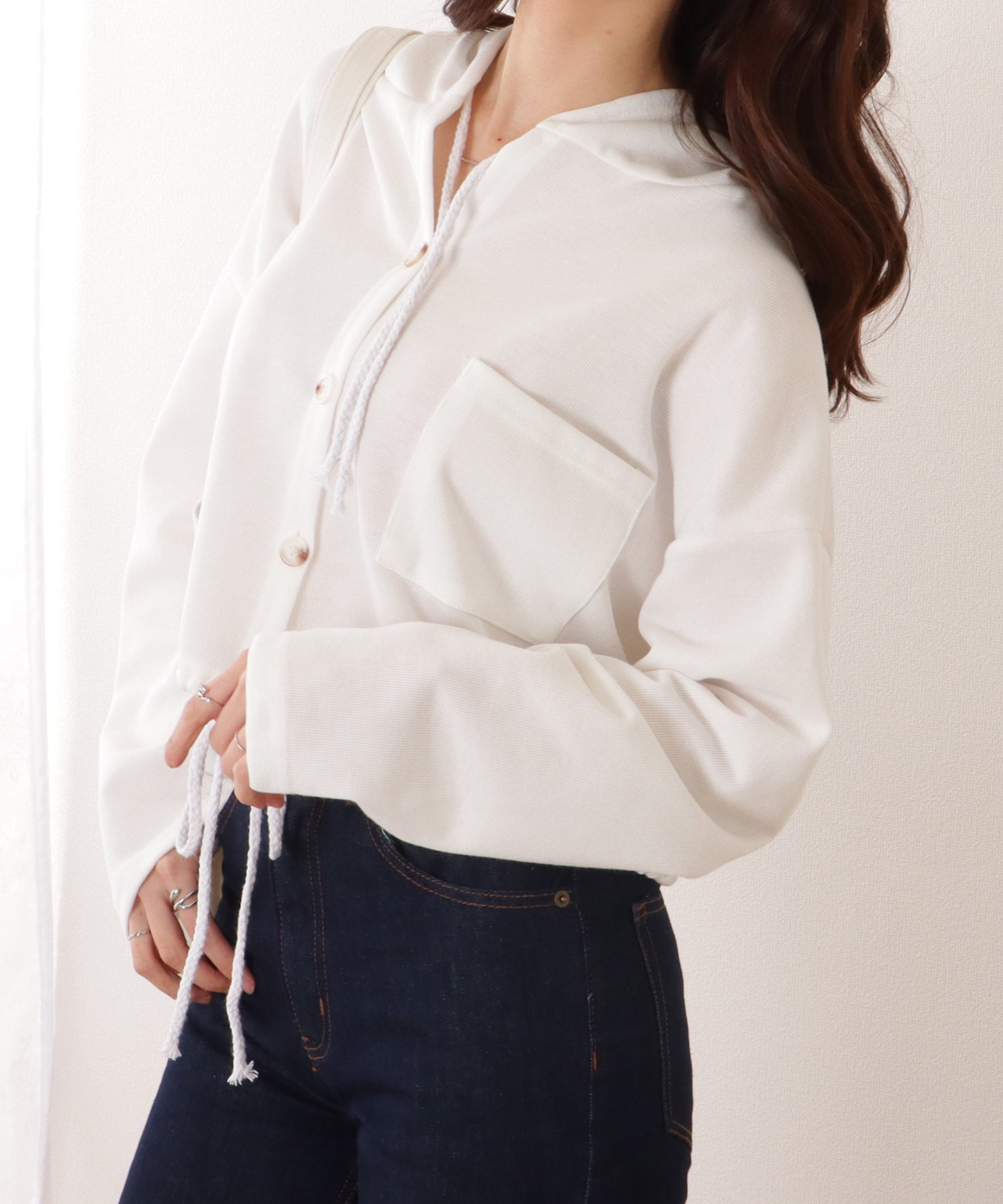 ドロスト付き フロントボタン コンパクト フーデット パーカー