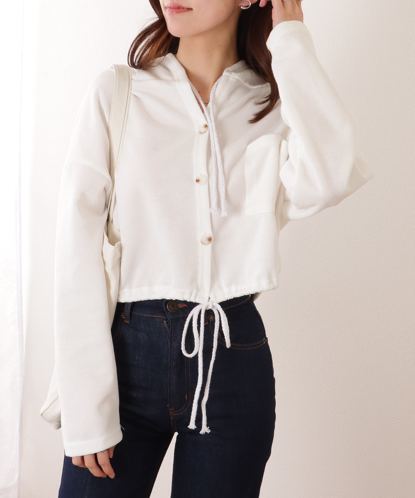 ドロスト付き フロントボタン コンパクト フーデット パーカー