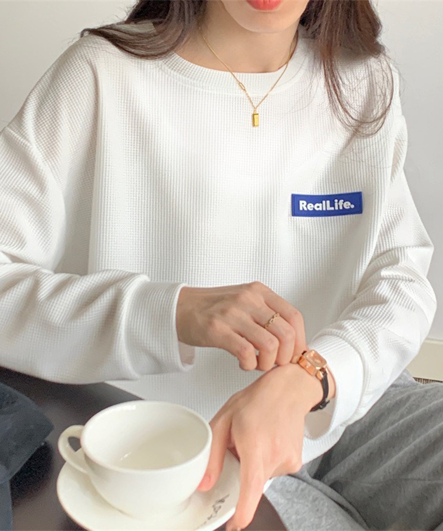 ワッフル素材 ワンポイント オーバーサイズ クルーネック プルオーバー