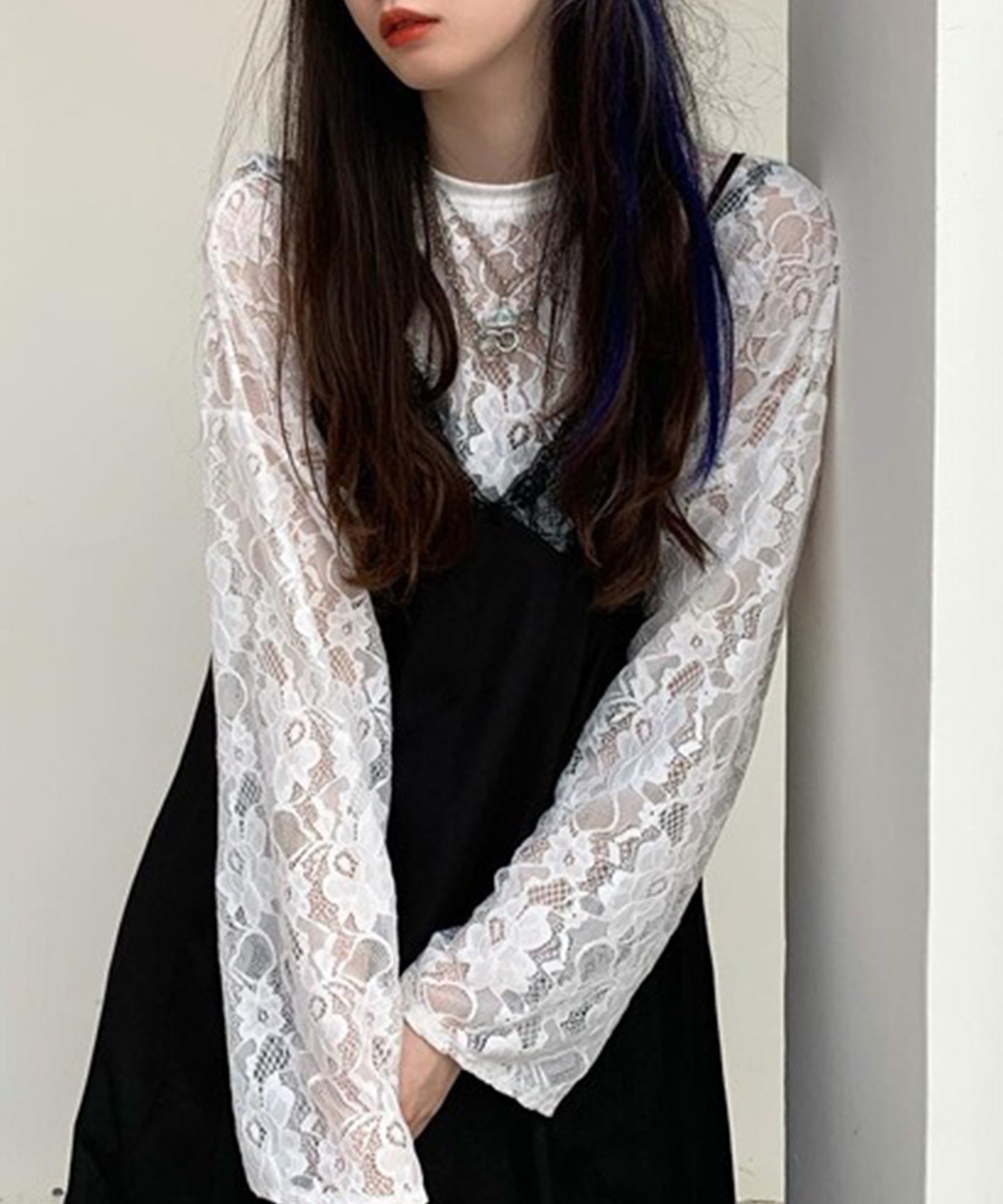 レース シアー クルーネック ロング丈 プルオーバー