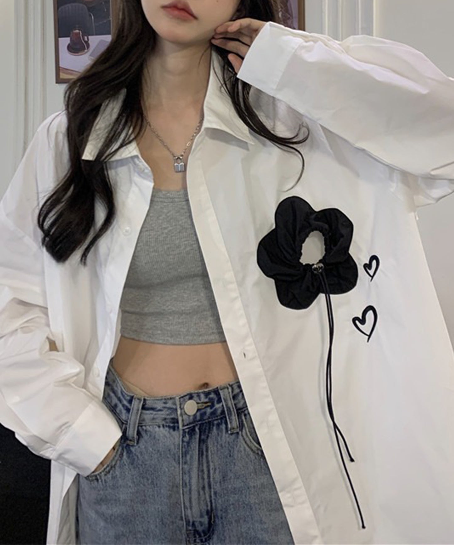 フラワー モチーフ レギュラーカラー オーバーサイズ シャツ