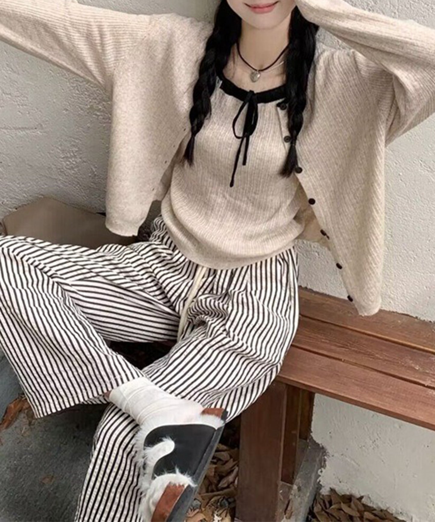 配色 リボン ニット アンサンブル 2点セット