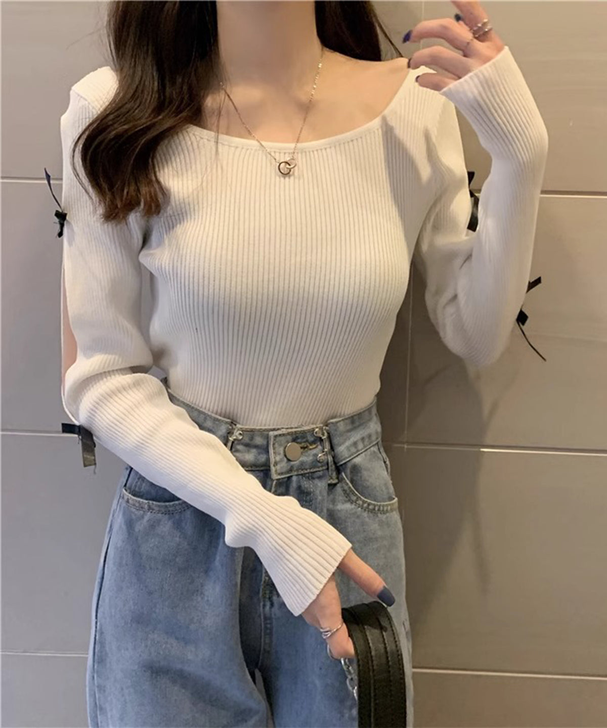 袖リボン オープンカット リブ ニット プルオーバー