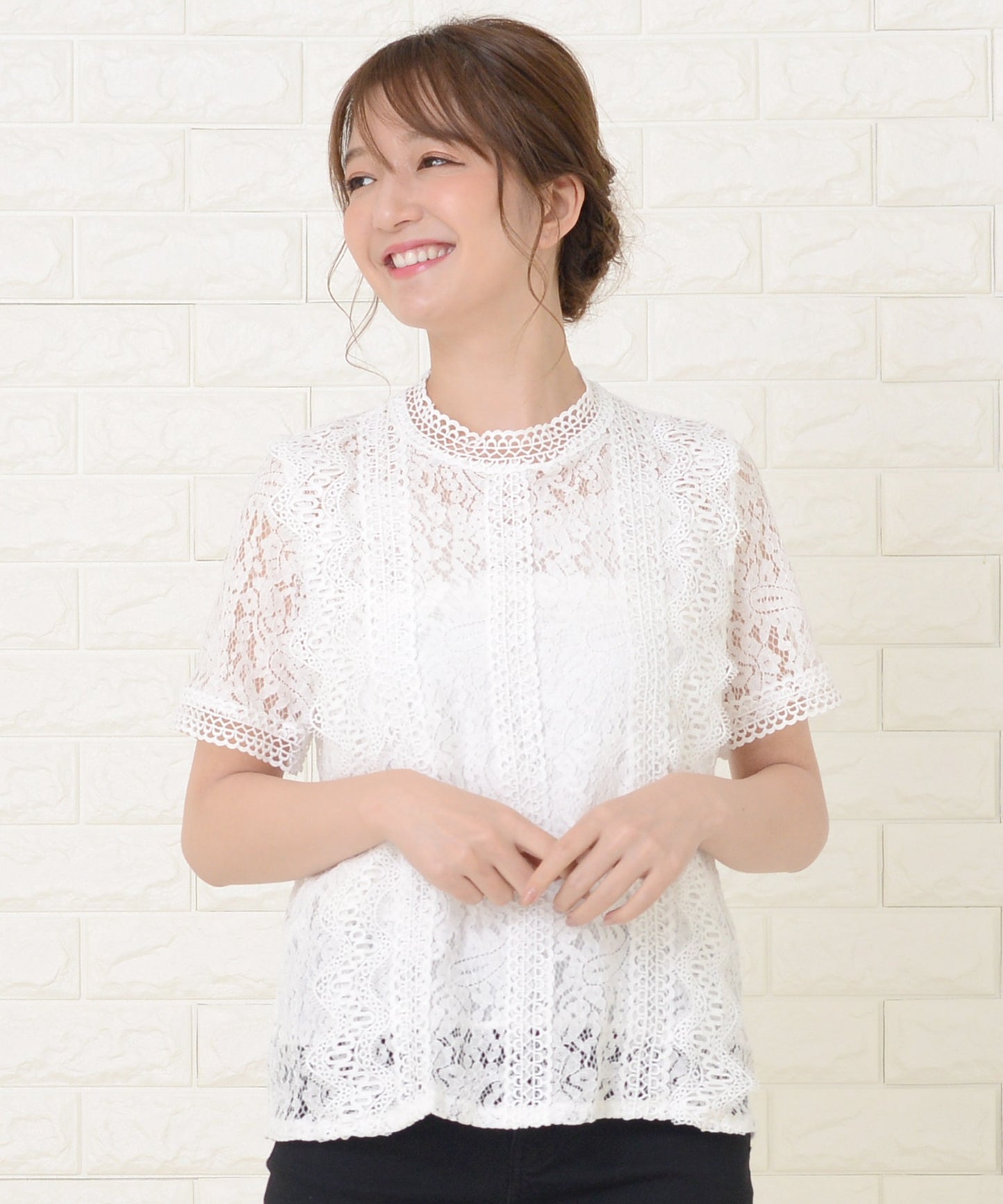 立ち襟レース 半袖ブラウス シャツ