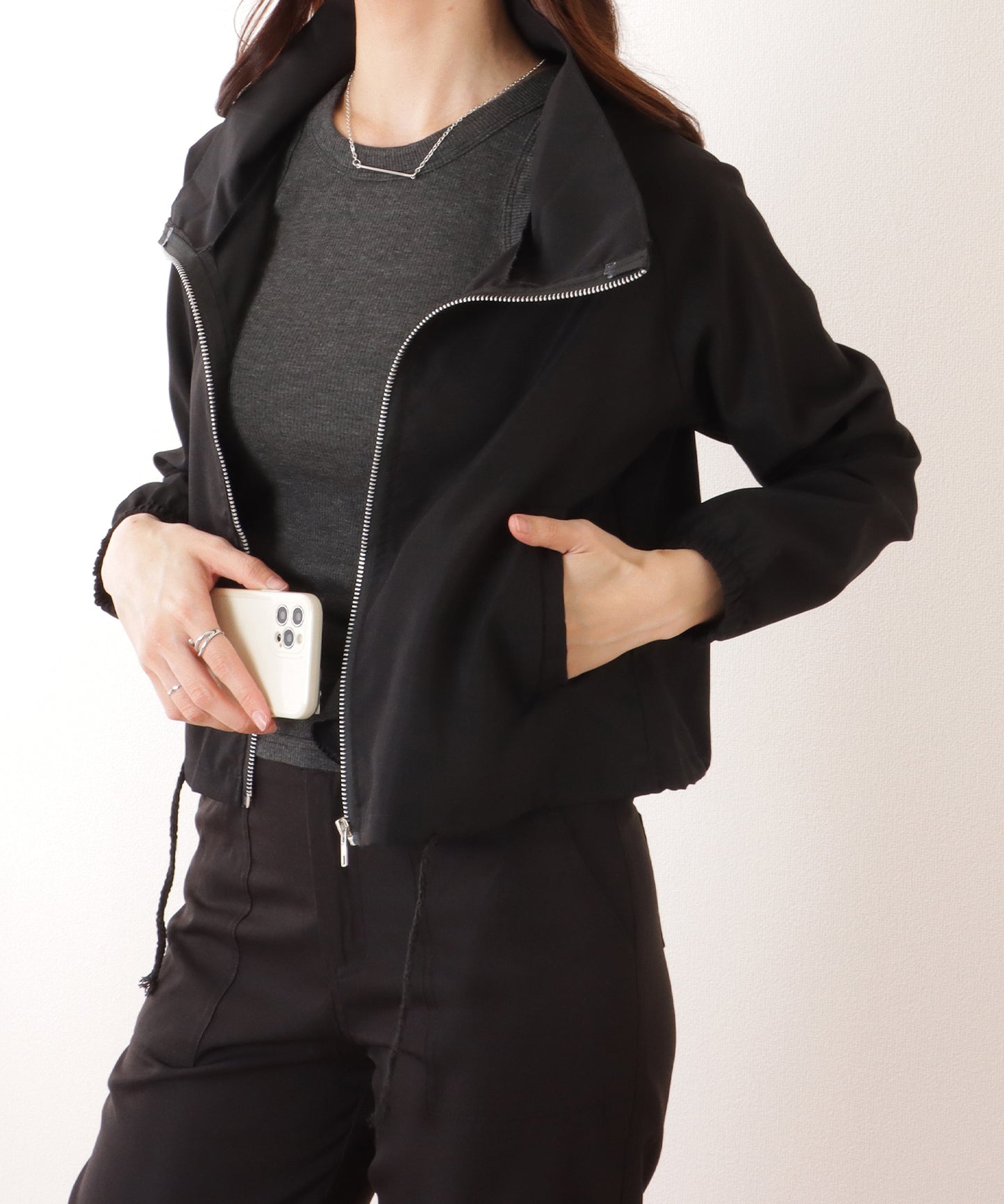 スタンドカラー コンパクト フロント ジップアップ ジャケット