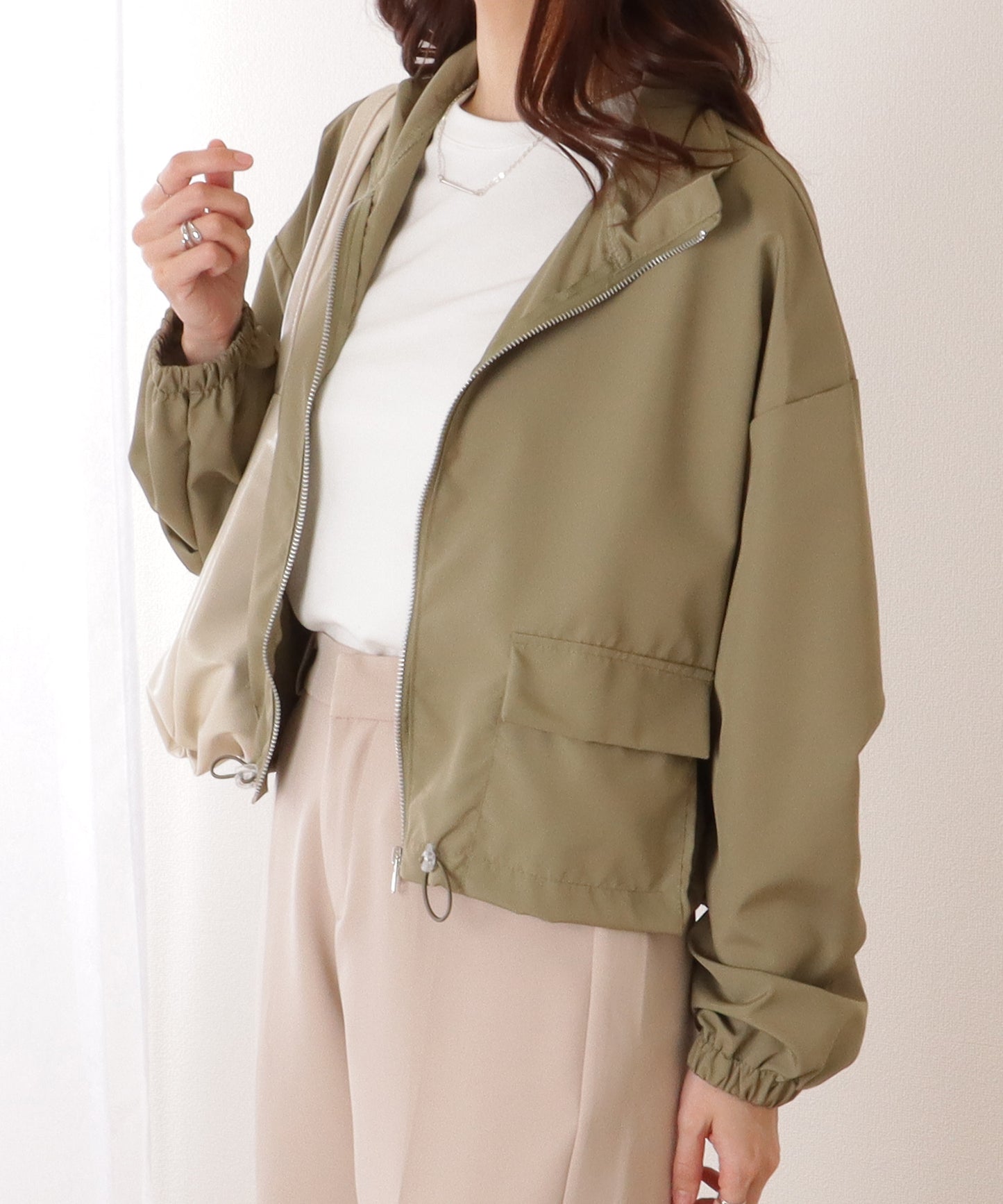 ドロップショルダー ドロスト付き フロント ジップアップ ジャケット