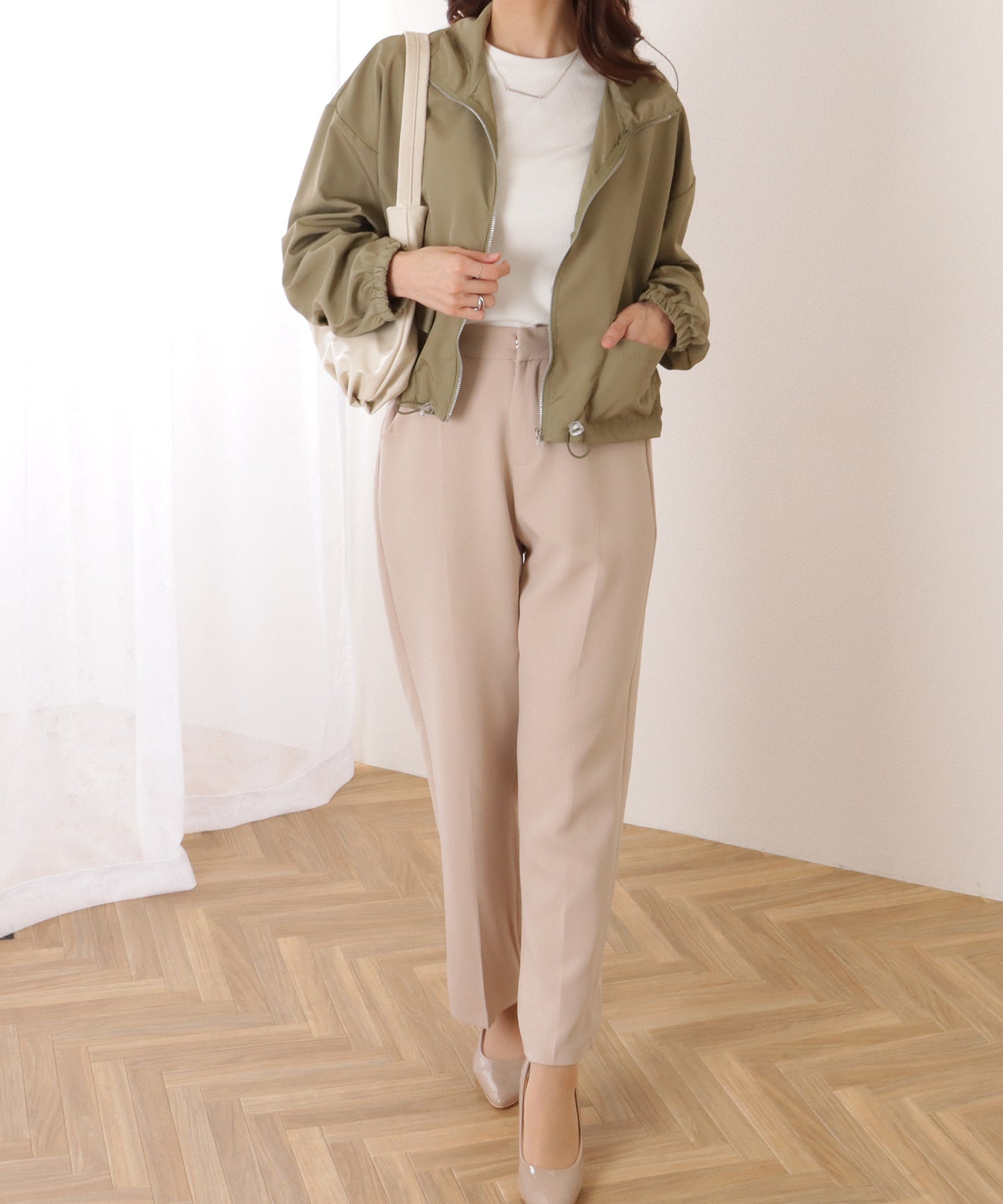 ドロップショルダー ドロスト付き フロント ジップアップ ジャケット