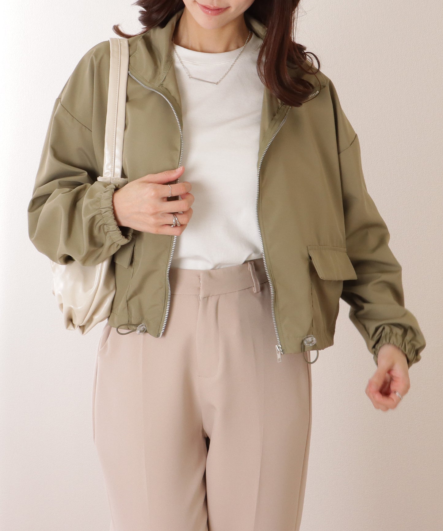 ドロップショルダー ドロスト付き フロント ジップアップ ジャケット