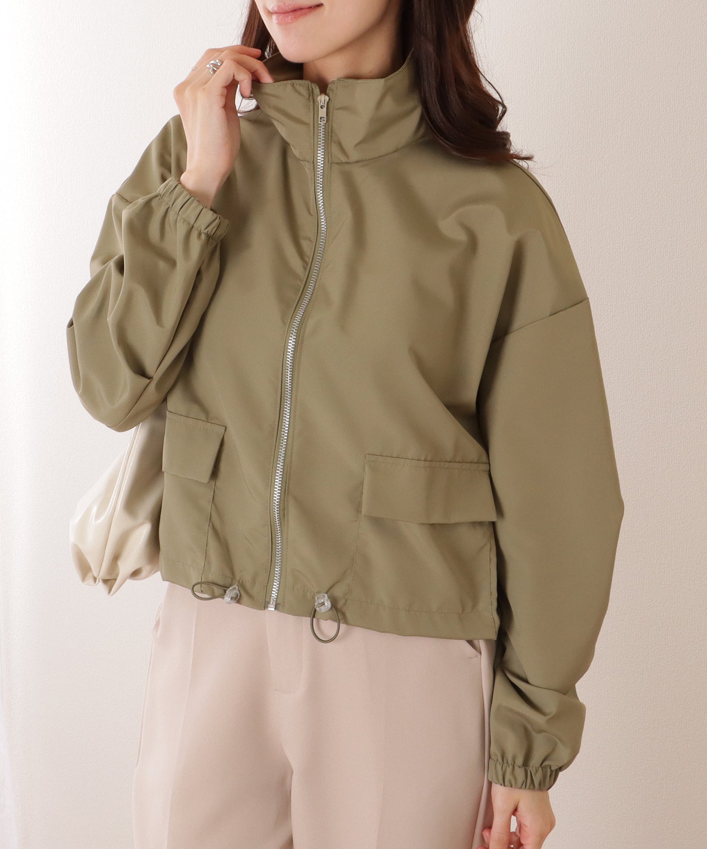 ドロップショルダー ドロスト付き フロント ジップアップ ジャケット