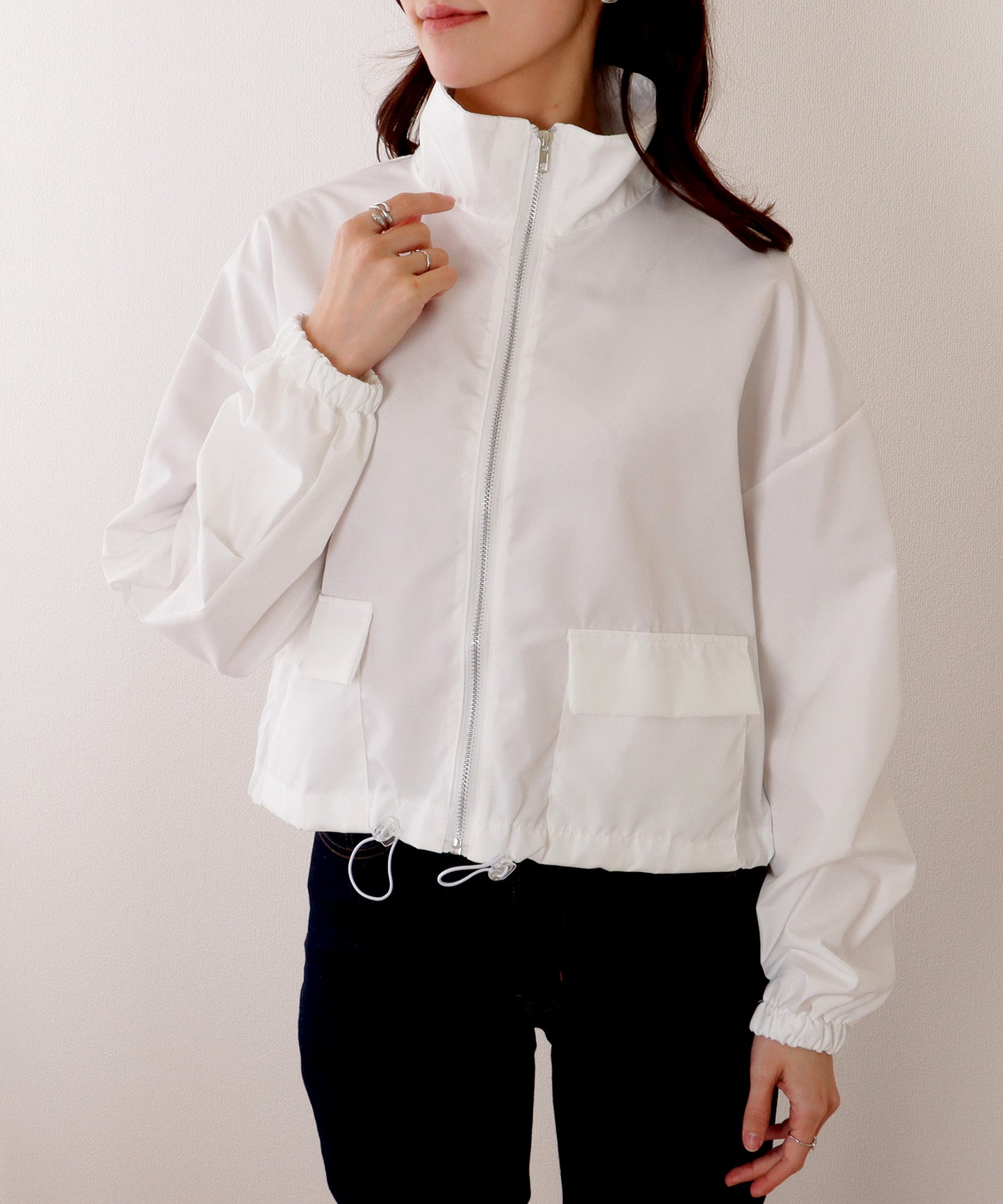 ドロップショルダー ドロスト付き フロント ジップアップ ジャケット