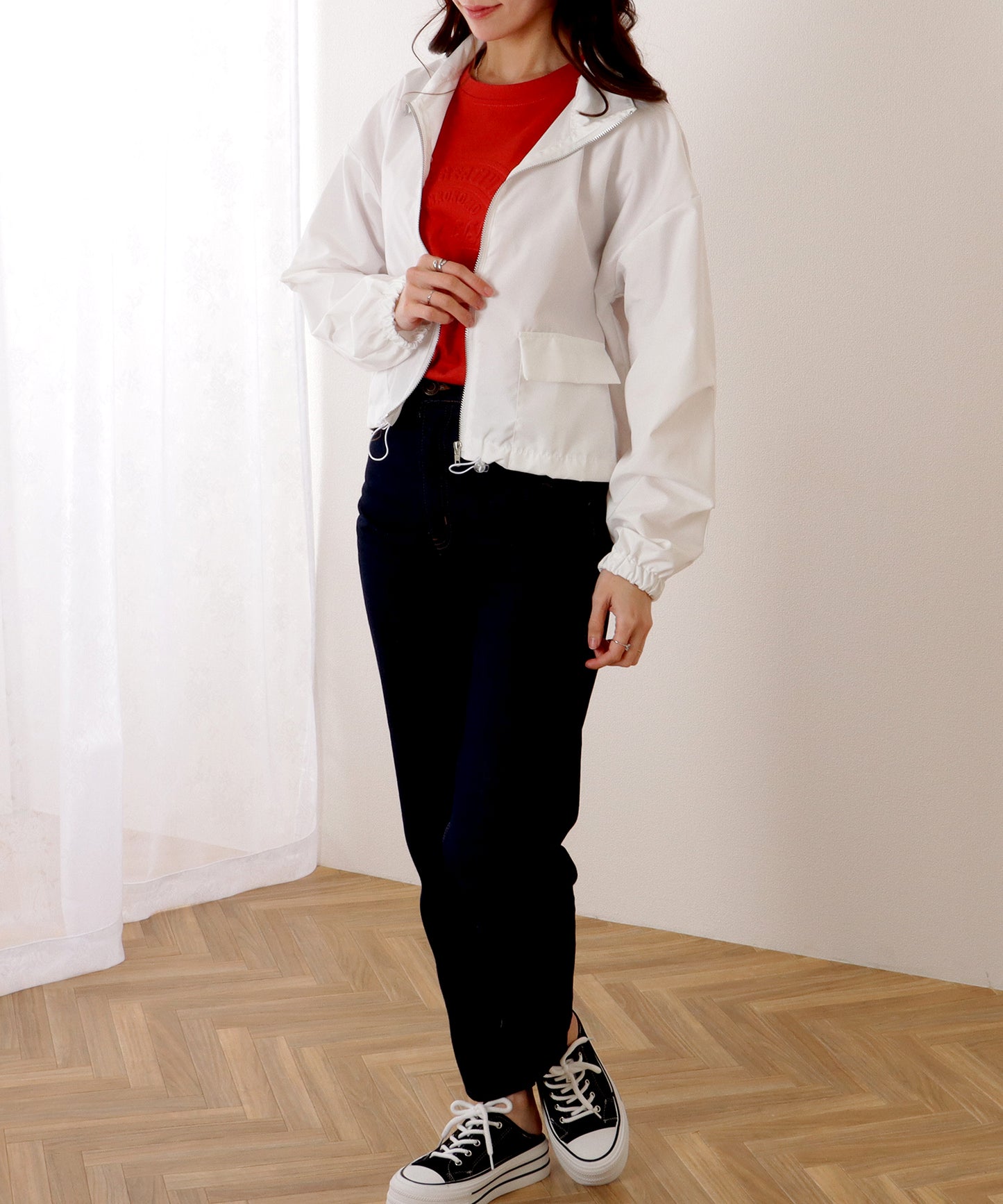 ドロップショルダー ドロスト付き フロント ジップアップ ジャケット