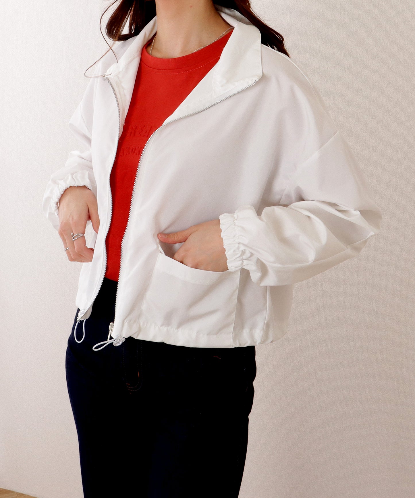 ドロップショルダー ドロスト付き フロント ジップアップ ジャケット