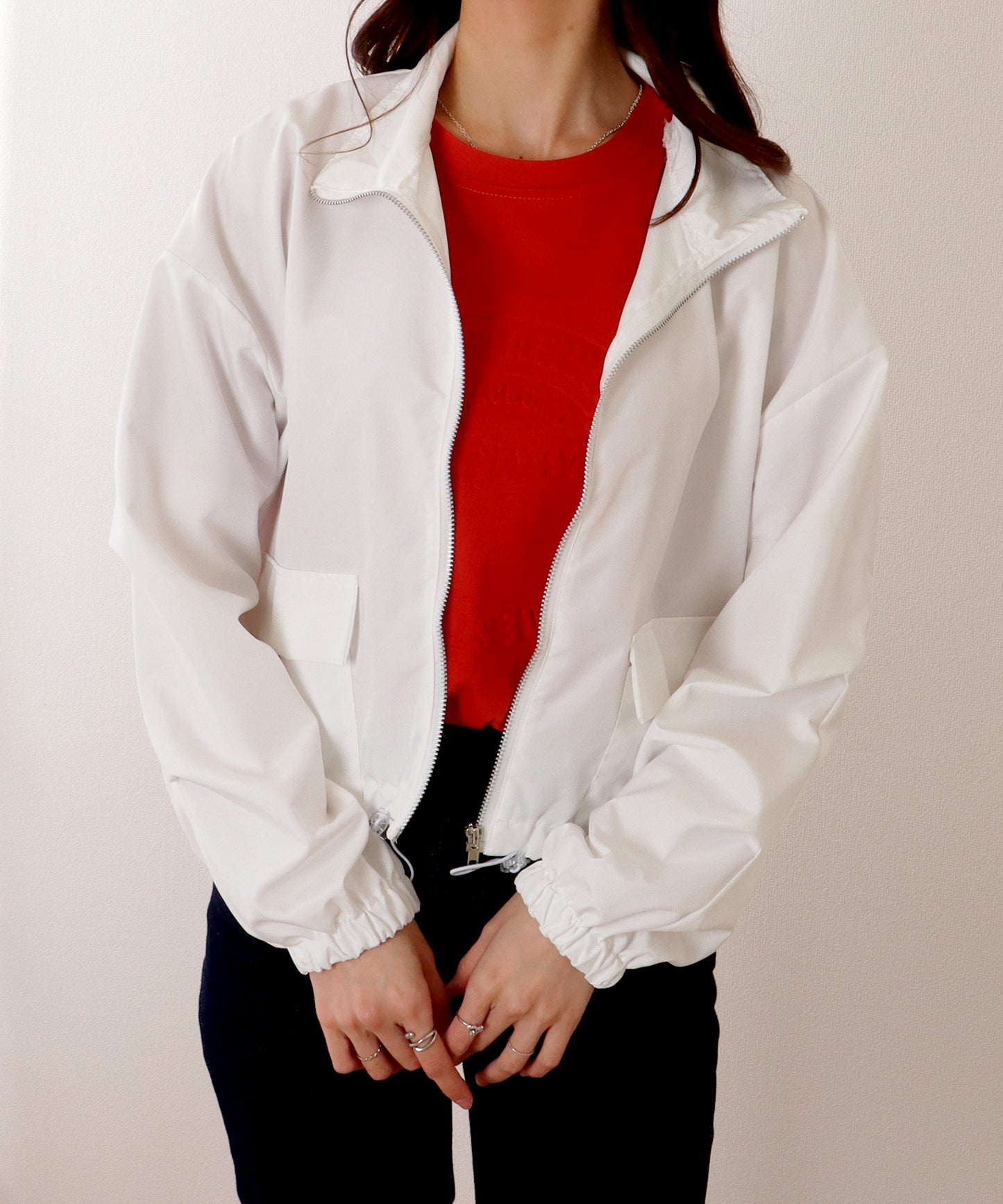 ドロップショルダー ドロスト付き フロント ジップアップ ジャケット