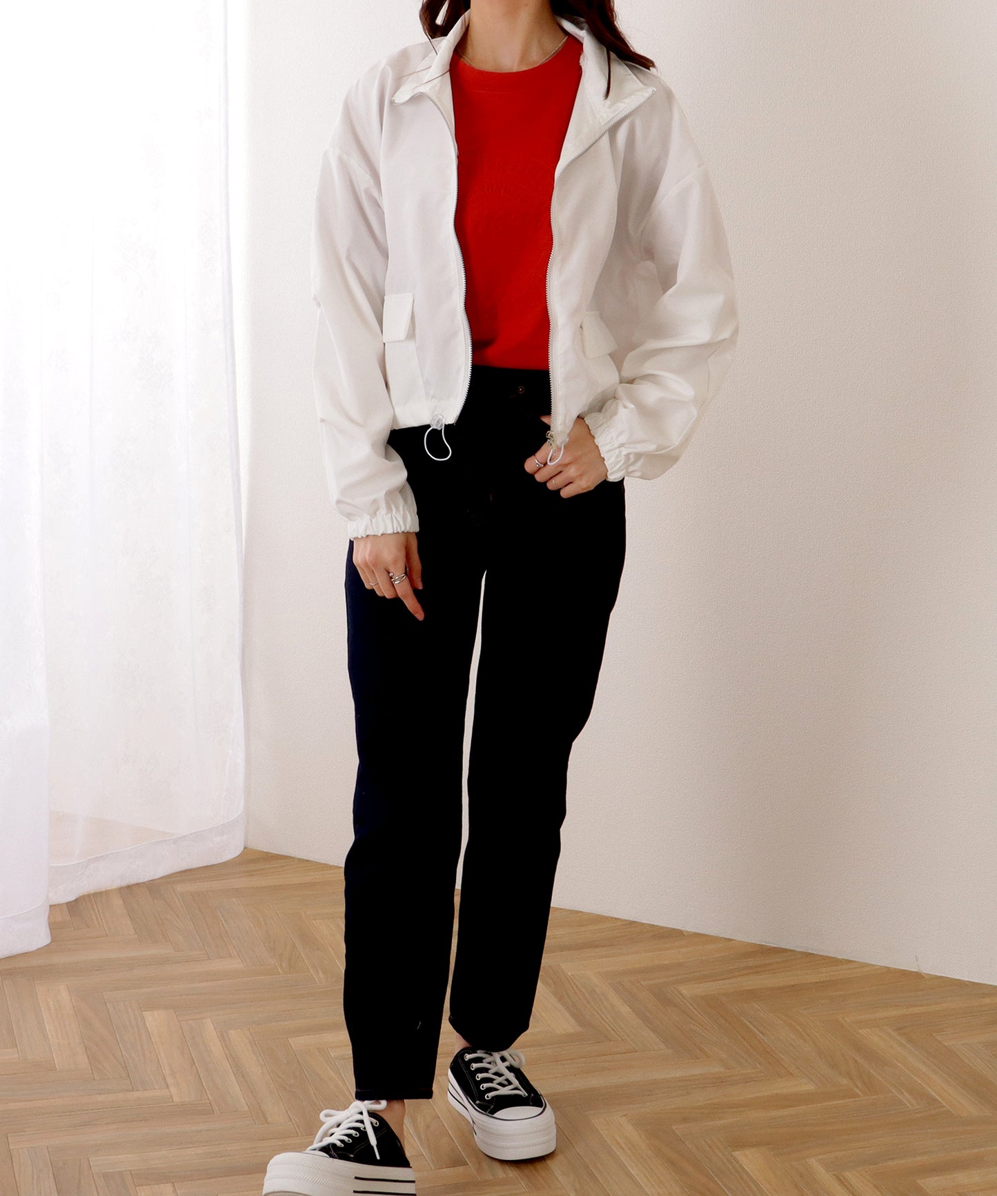 ドロップショルダー ドロスト付き フロント ジップアップ ジャケット