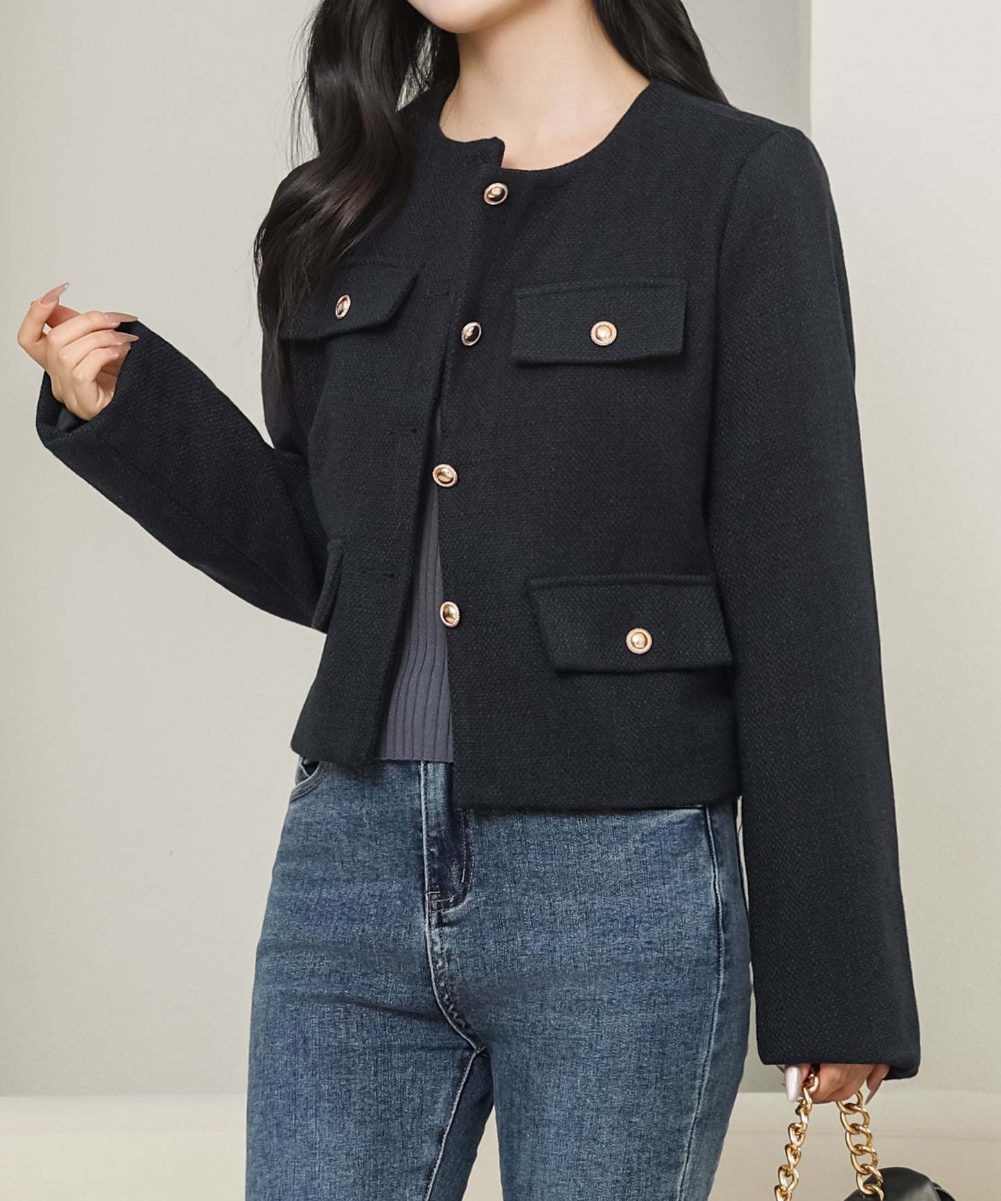 ノーカラー メタリック ボタン コンパクト ジャケット