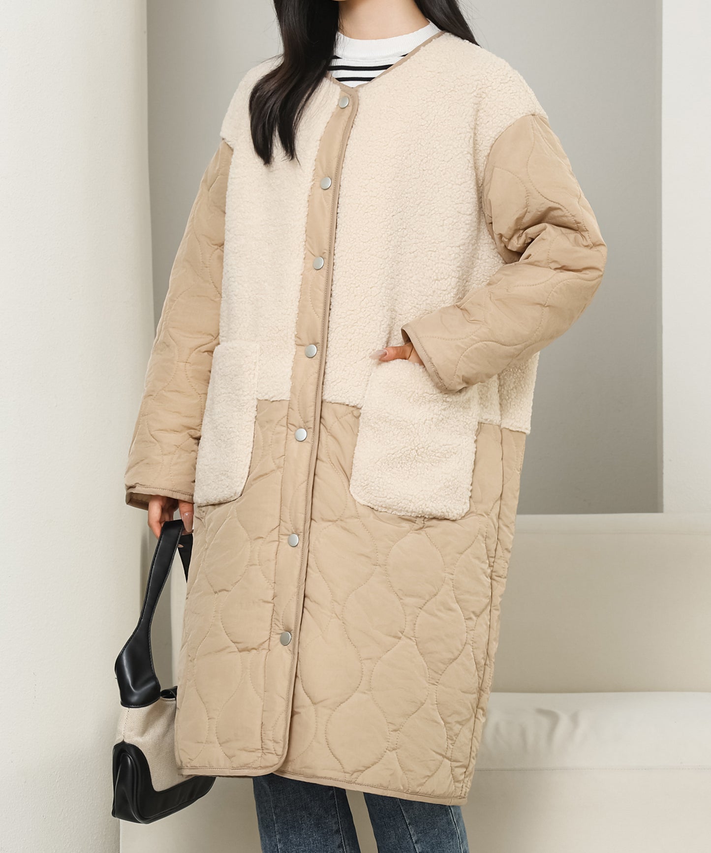 ノーカラー ボア ドッキング キルティング コート