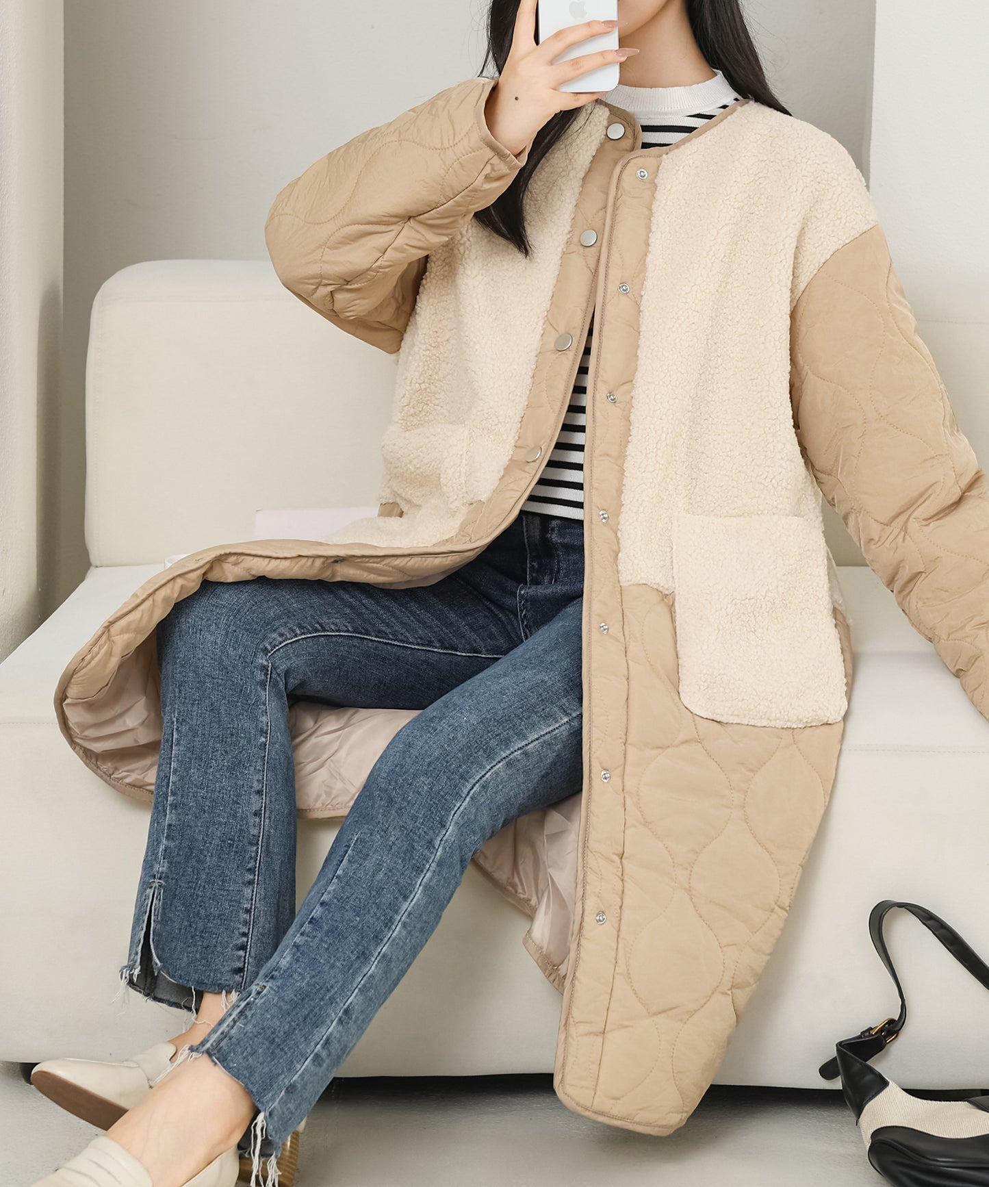 ノーカラー ボア ドッキング キルティング コート