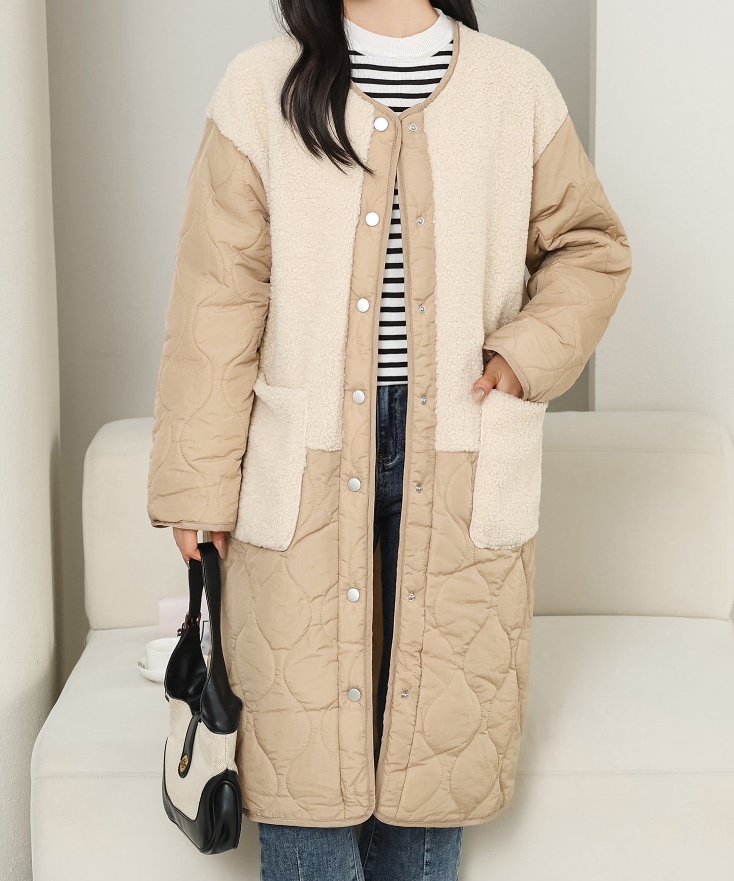 ノーカラー ボア ドッキング キルティング コート