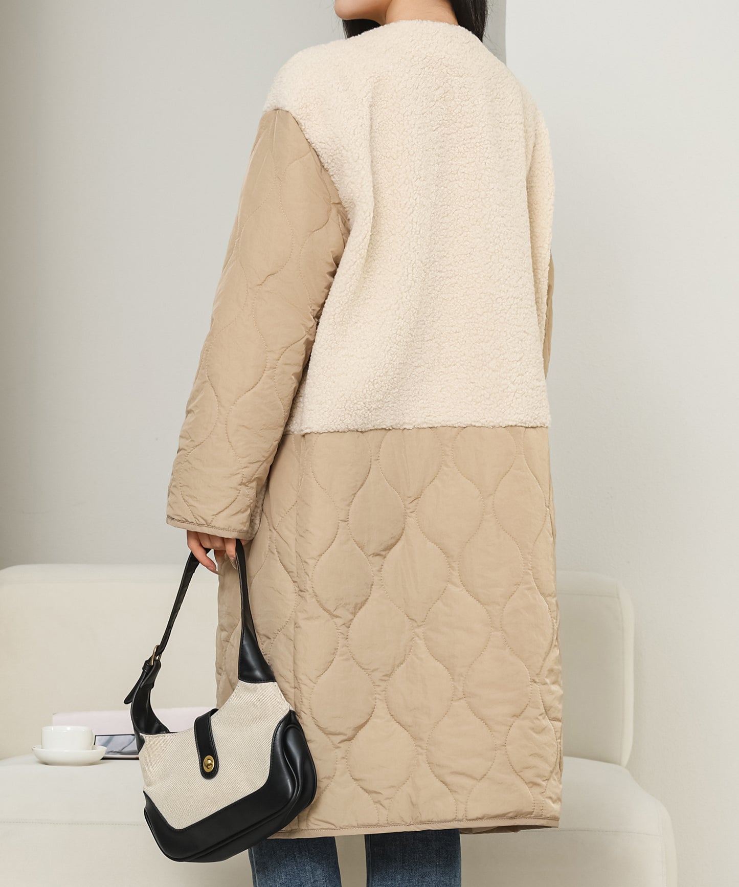 ノーカラー ボア ドッキング キルティング コート