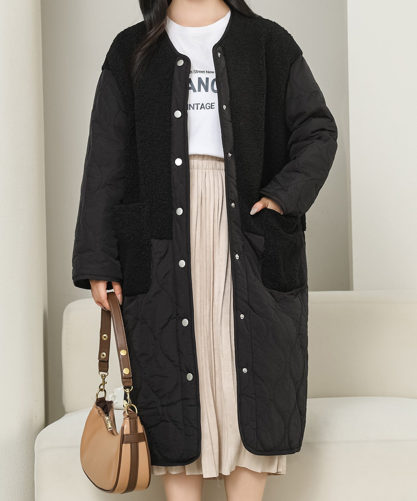 ノーカラー ボア ドッキング キルティング コート