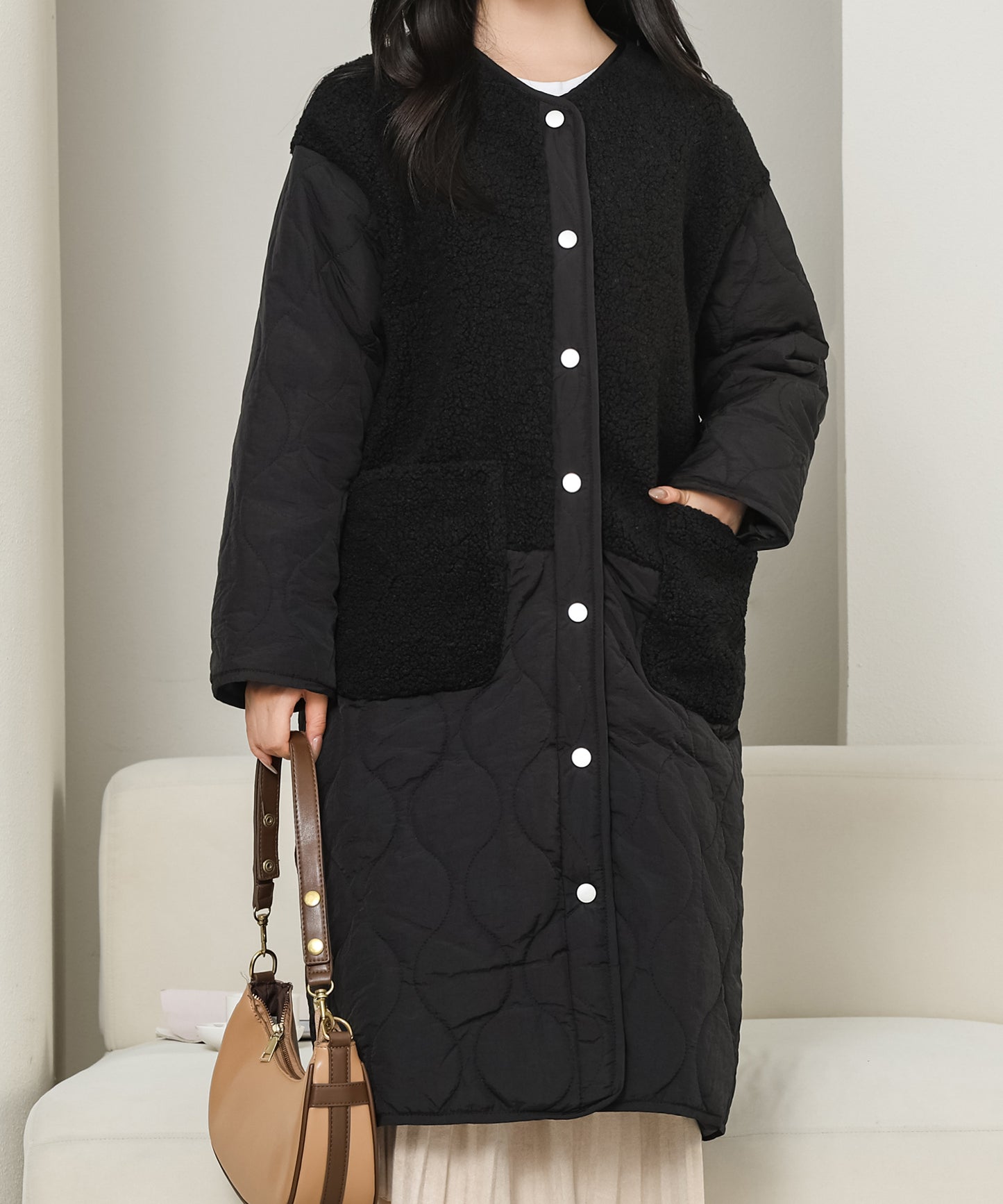 ノーカラー ボア ドッキング キルティング コート