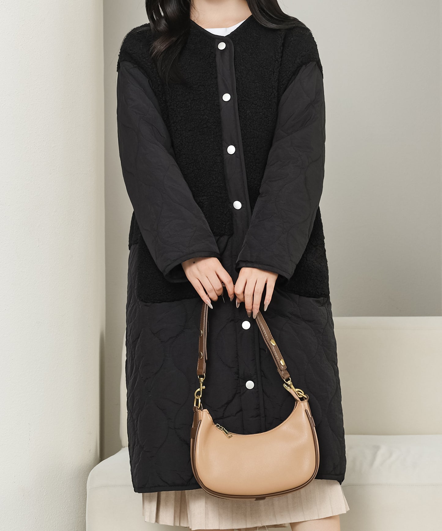 ノーカラー ボア ドッキング キルティング コート