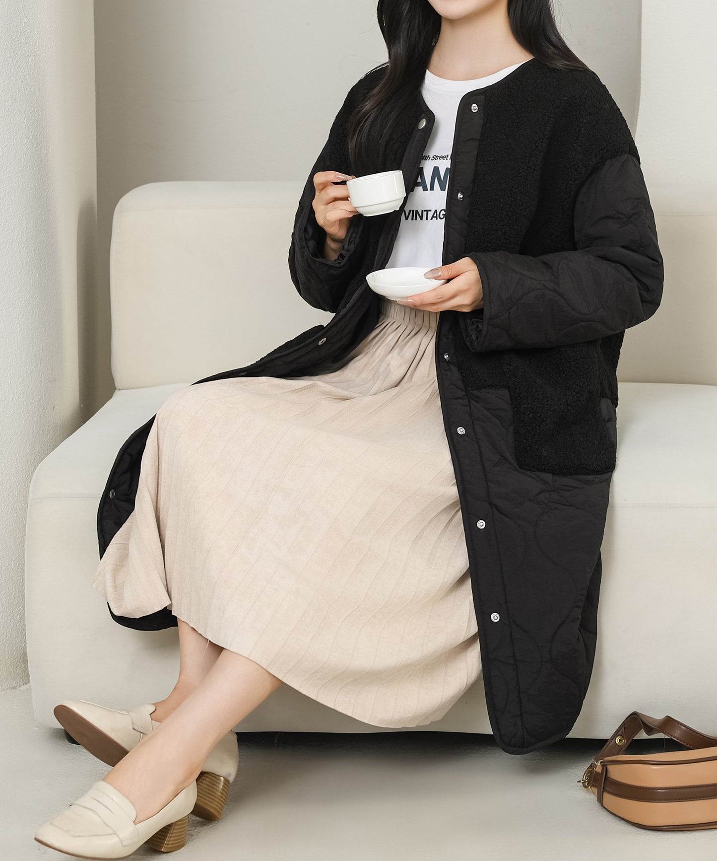 ノーカラー ボア ドッキング キルティング コート