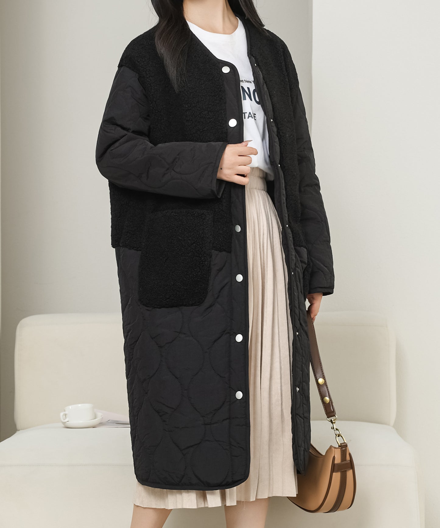 ノーカラー ボア ドッキング キルティング コート