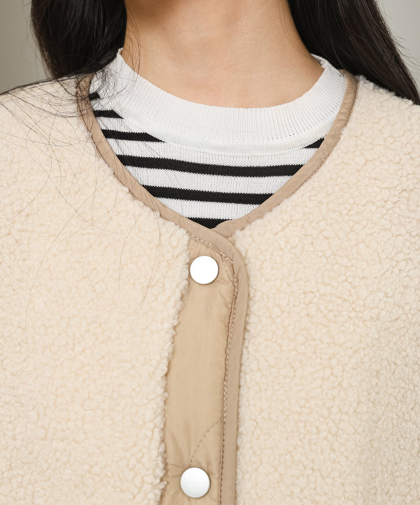 ノーカラー ボア ドッキング キルティング コート