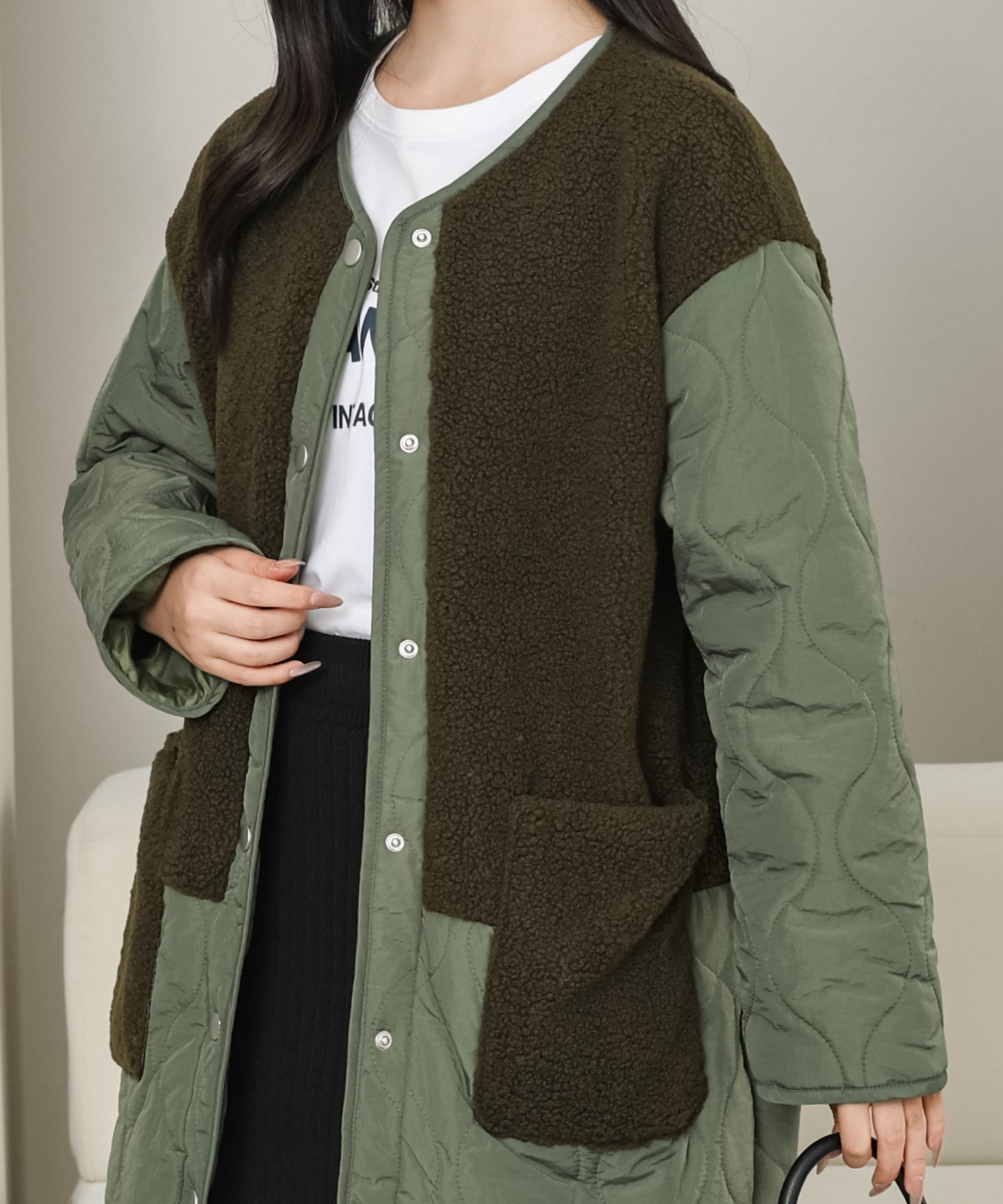 ノーカラー ボア ドッキング キルティング コート