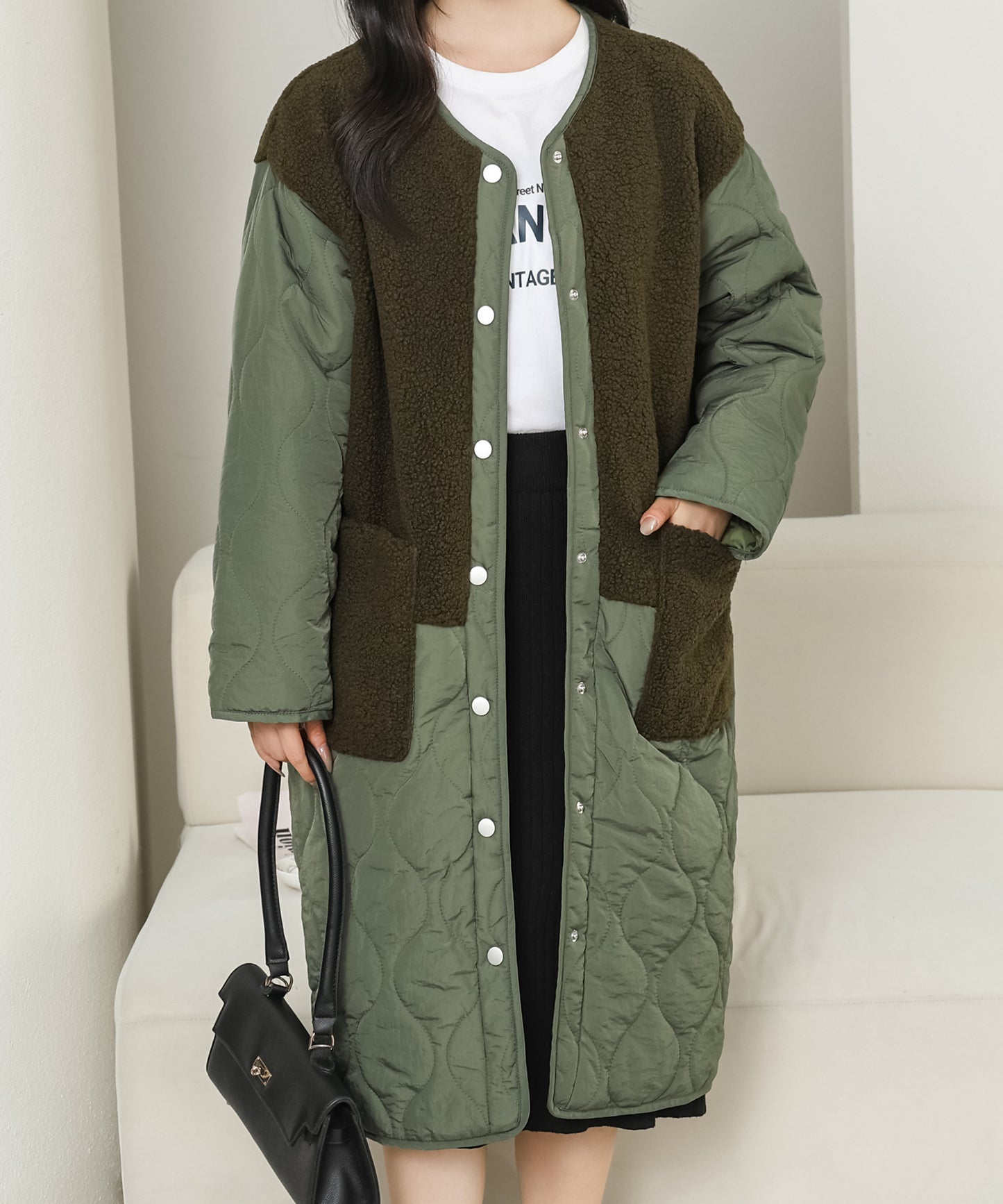 ノーカラー ボア ドッキング キルティング コート