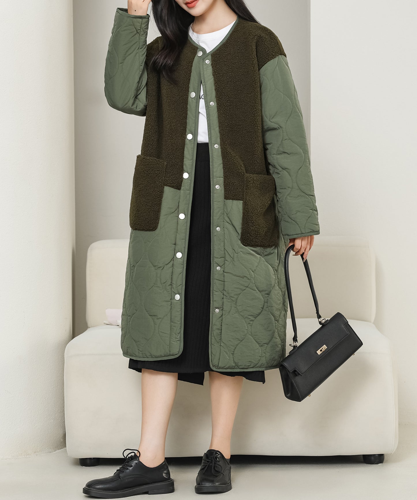 ノーカラー ボア ドッキング キルティング コート