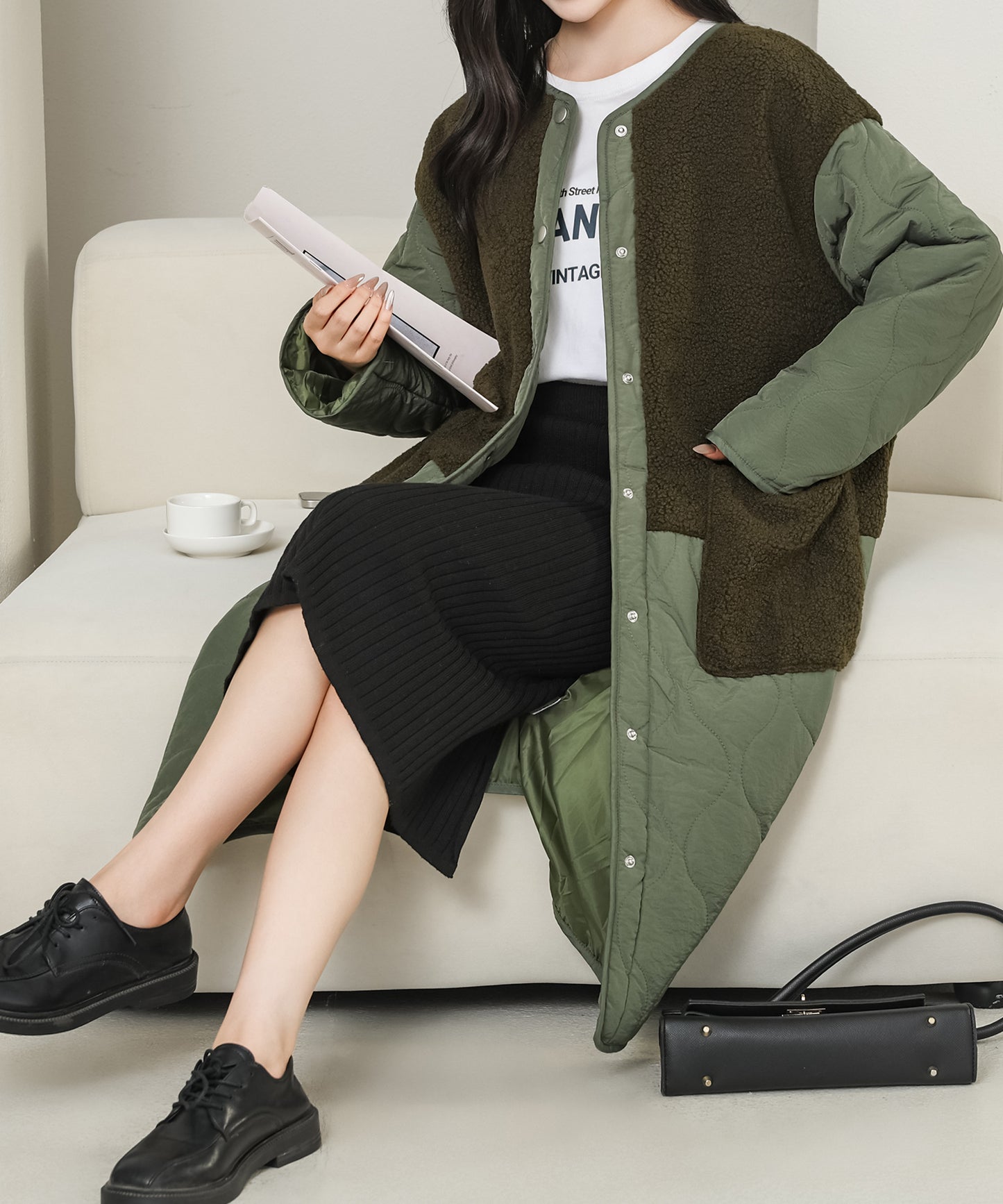 ノーカラー ボア ドッキング キルティング コート