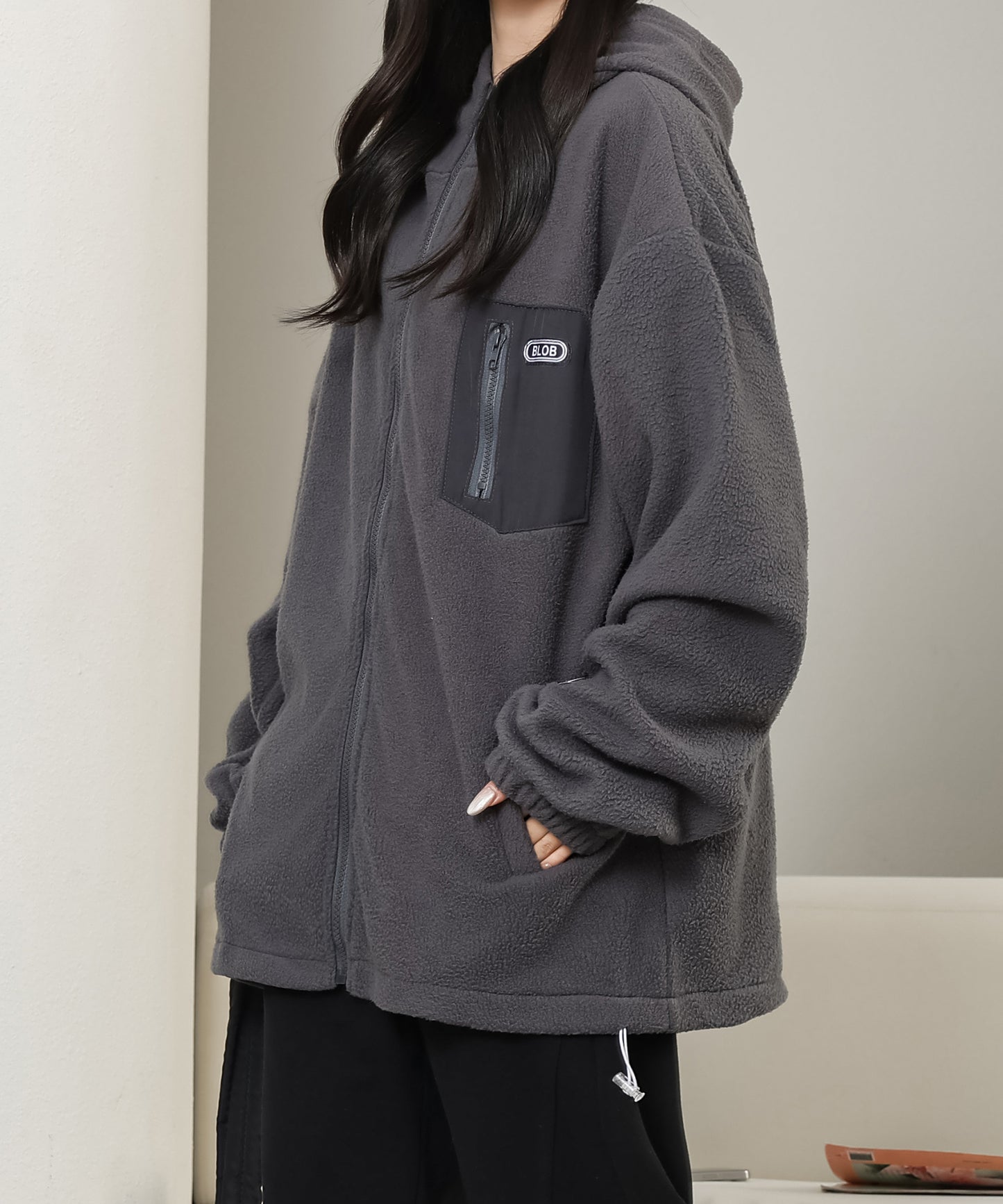 配色 ポケット付き ジップアップ ボア ブルゾン