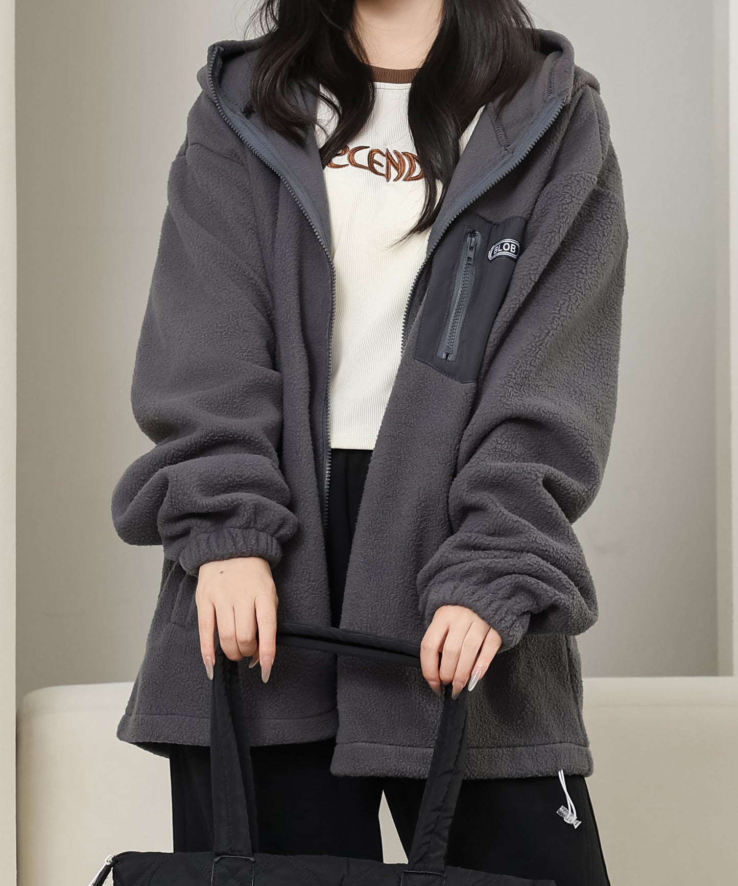 配色 ポケット付き ジップアップ ボア ブルゾン