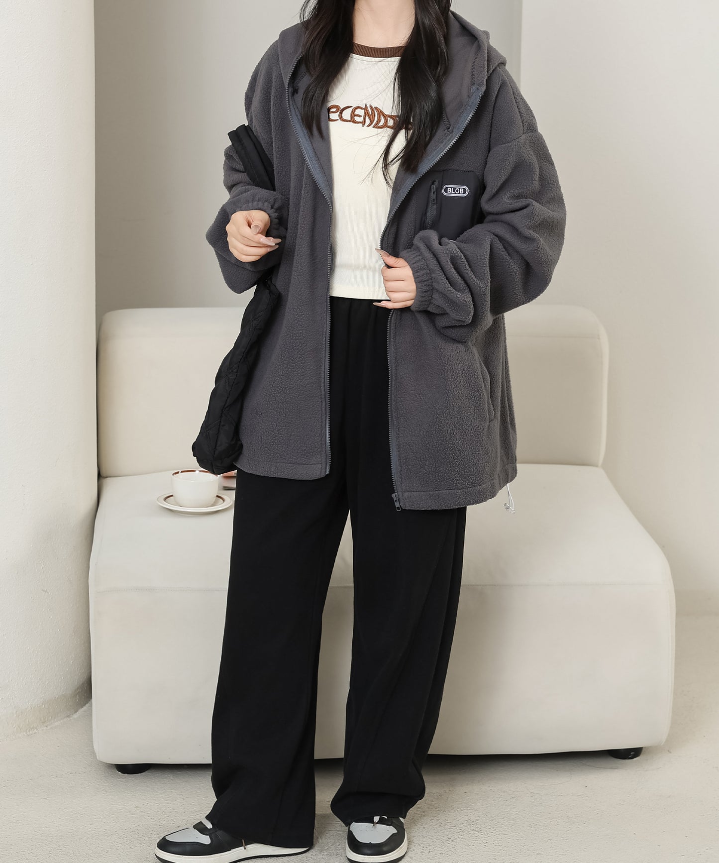 配色 ポケット付き ジップアップ ボア ブルゾン