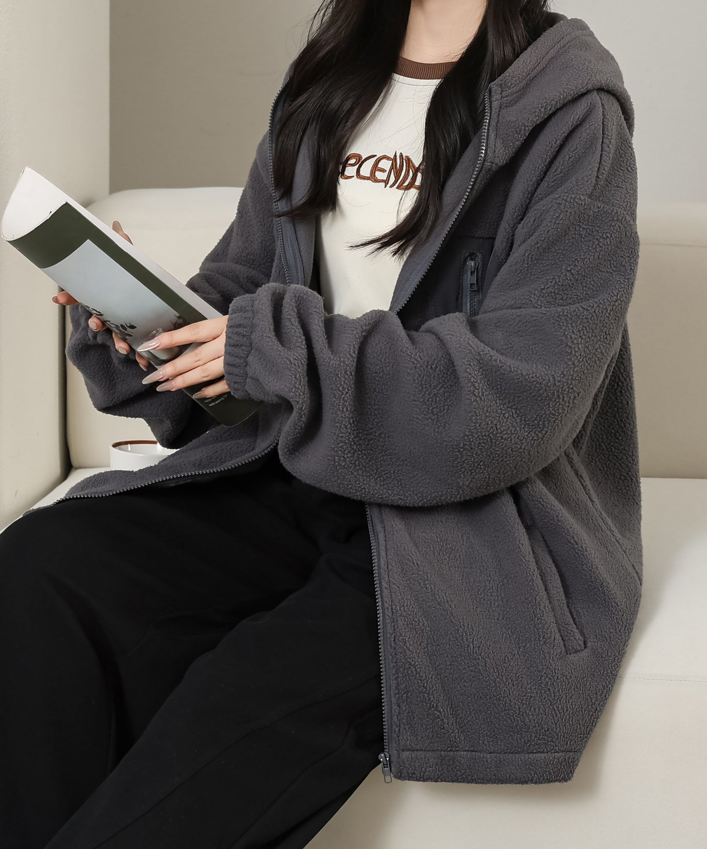 配色 ポケット付き ジップアップ ボア ブルゾン