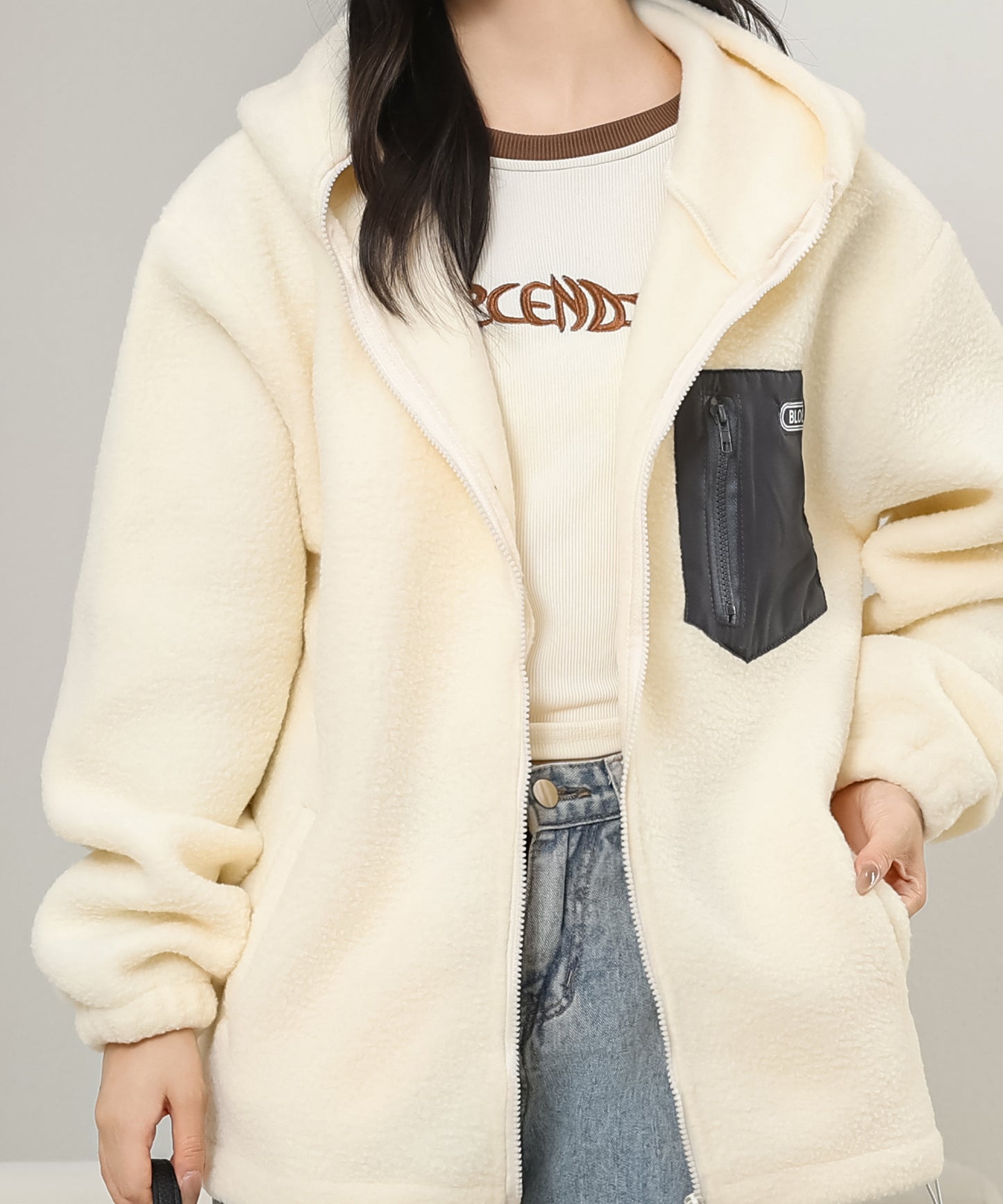 配色 ポケット付き ジップアップ ボア ブルゾン