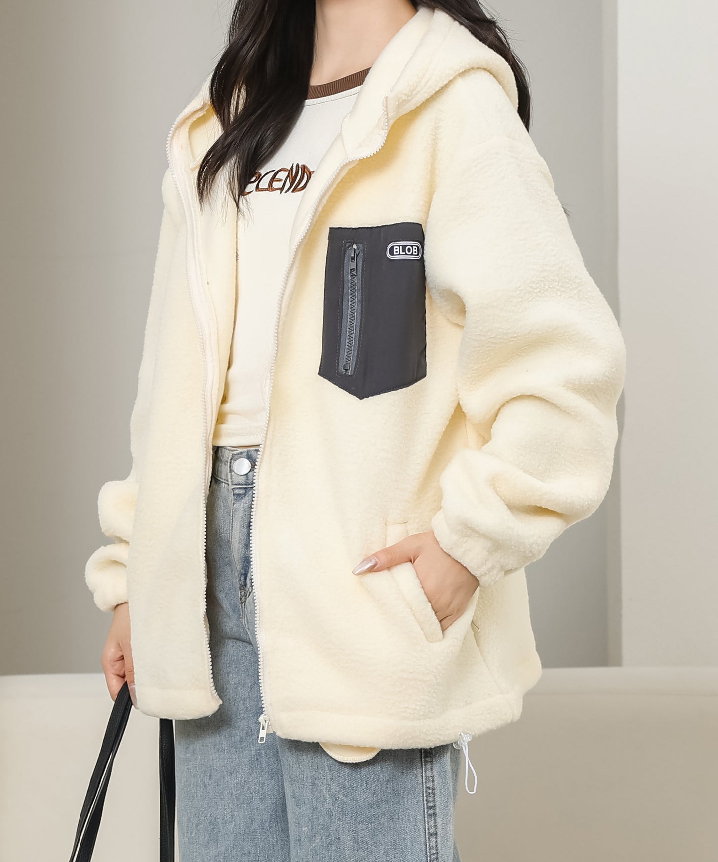 配色 ポケット付き ジップアップ ボア ブルゾン