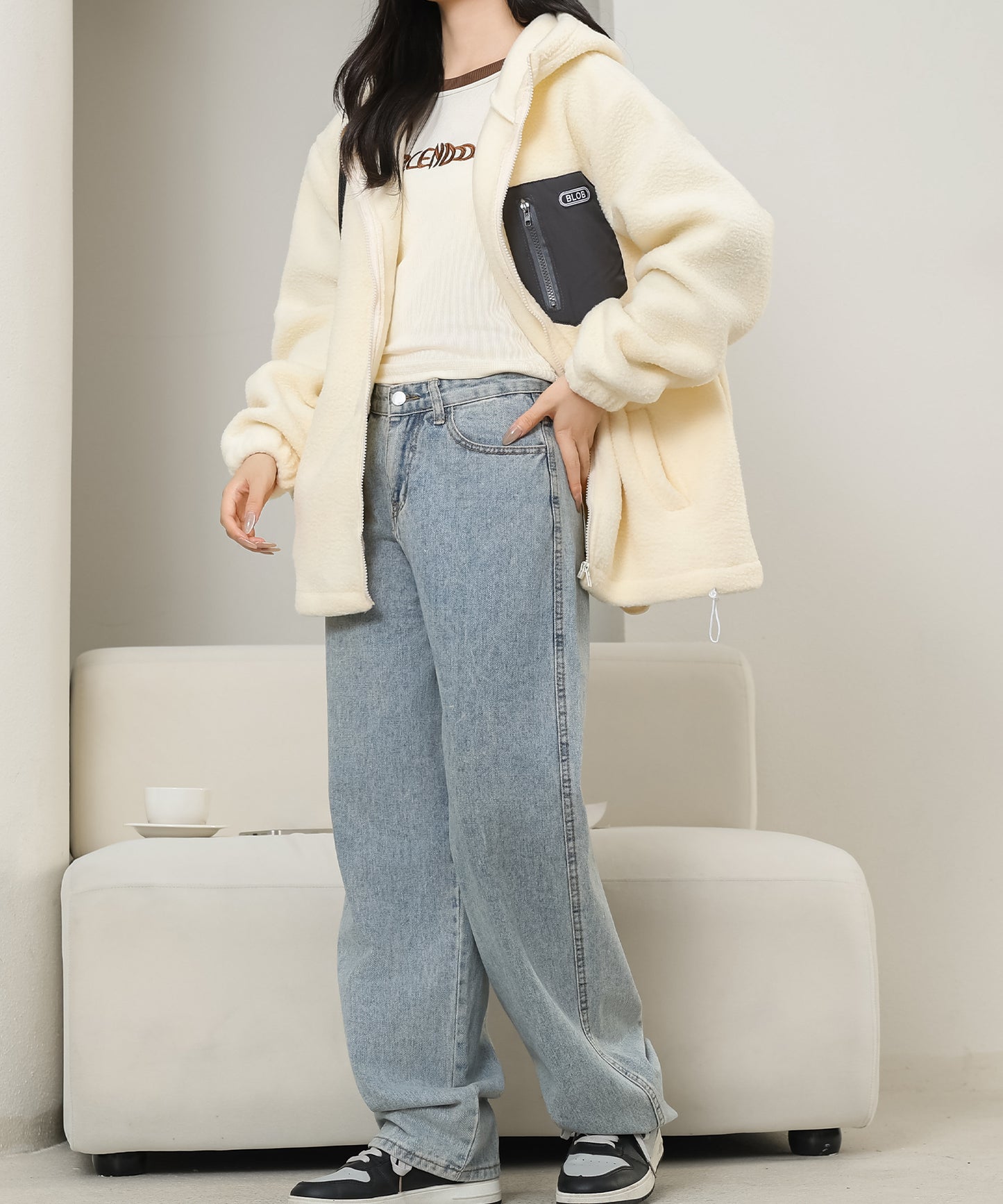 配色 ポケット付き ジップアップ ボア ブルゾン